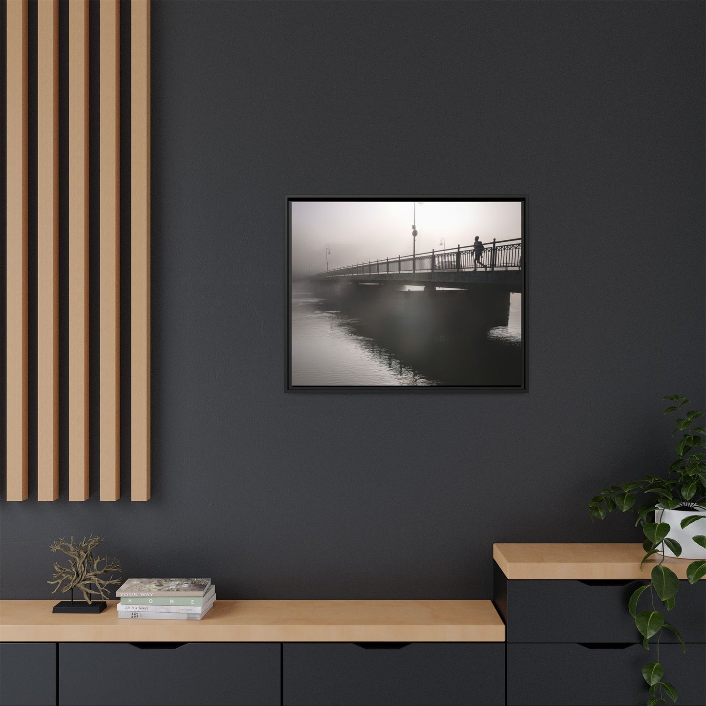 Framed Matte Canvas - Foggy Bridge Black & White Photography