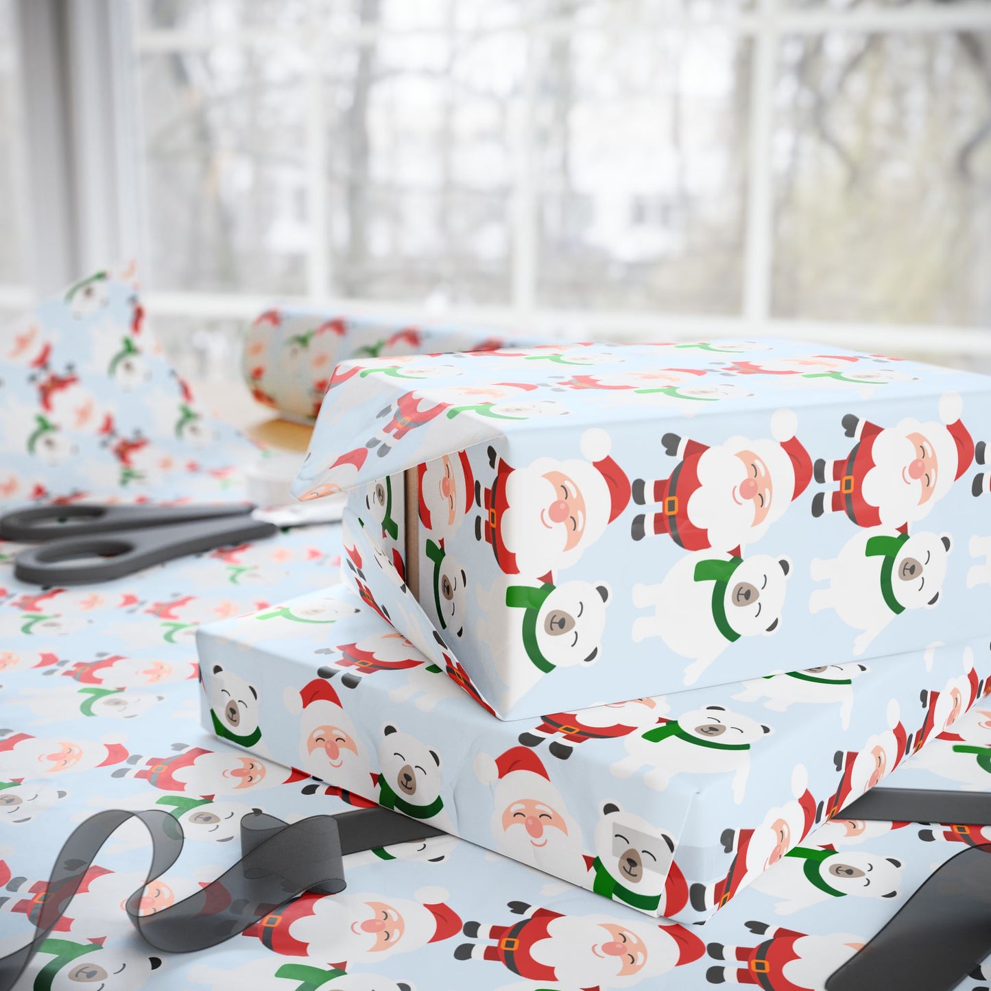 Wrapping Paper — Cute Santa & Polar Bear Holiday Gift Wrap (Festive Blue Roll)