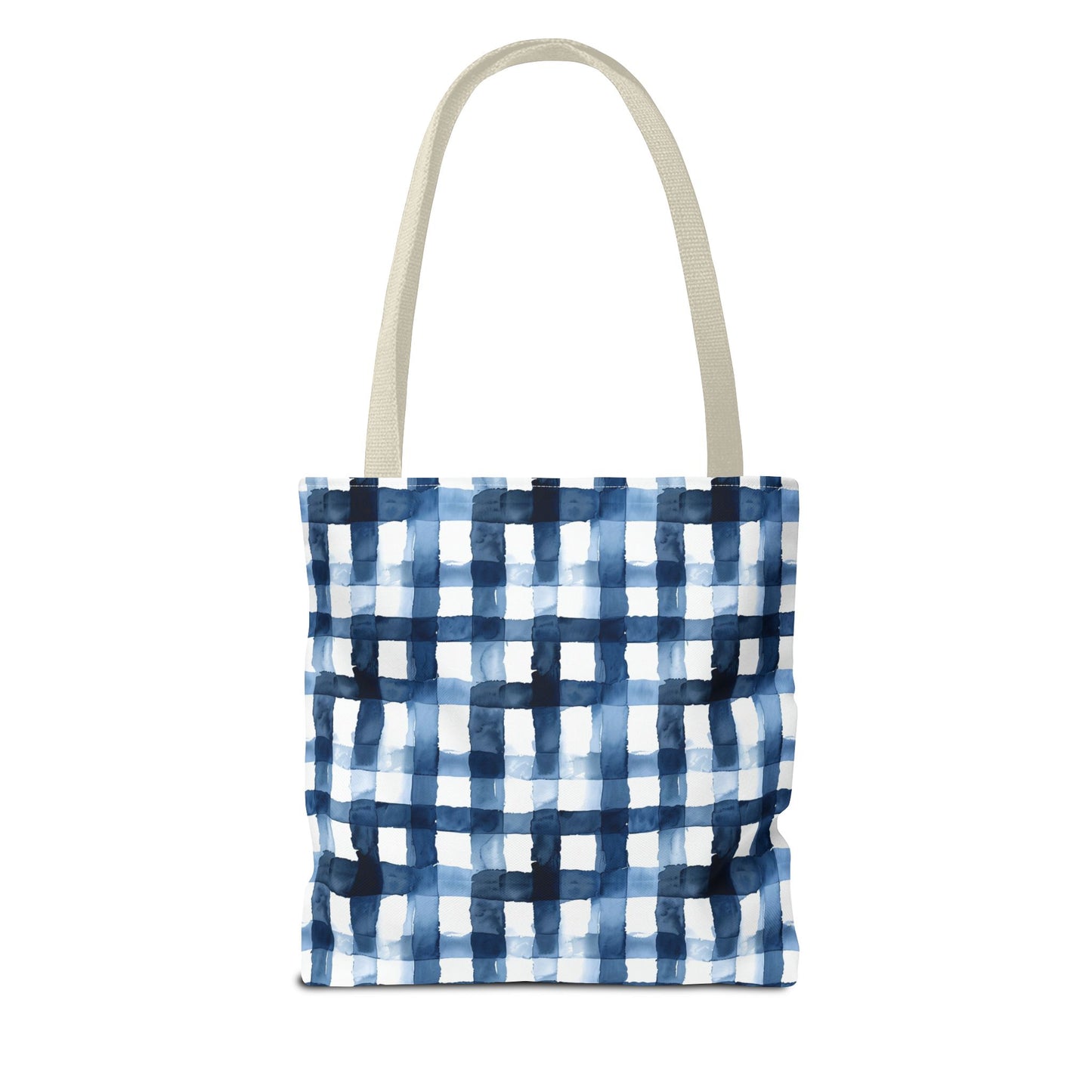 Blue Watercolor Plaid Tote Bag — Navy Check Pattern All-Over Print