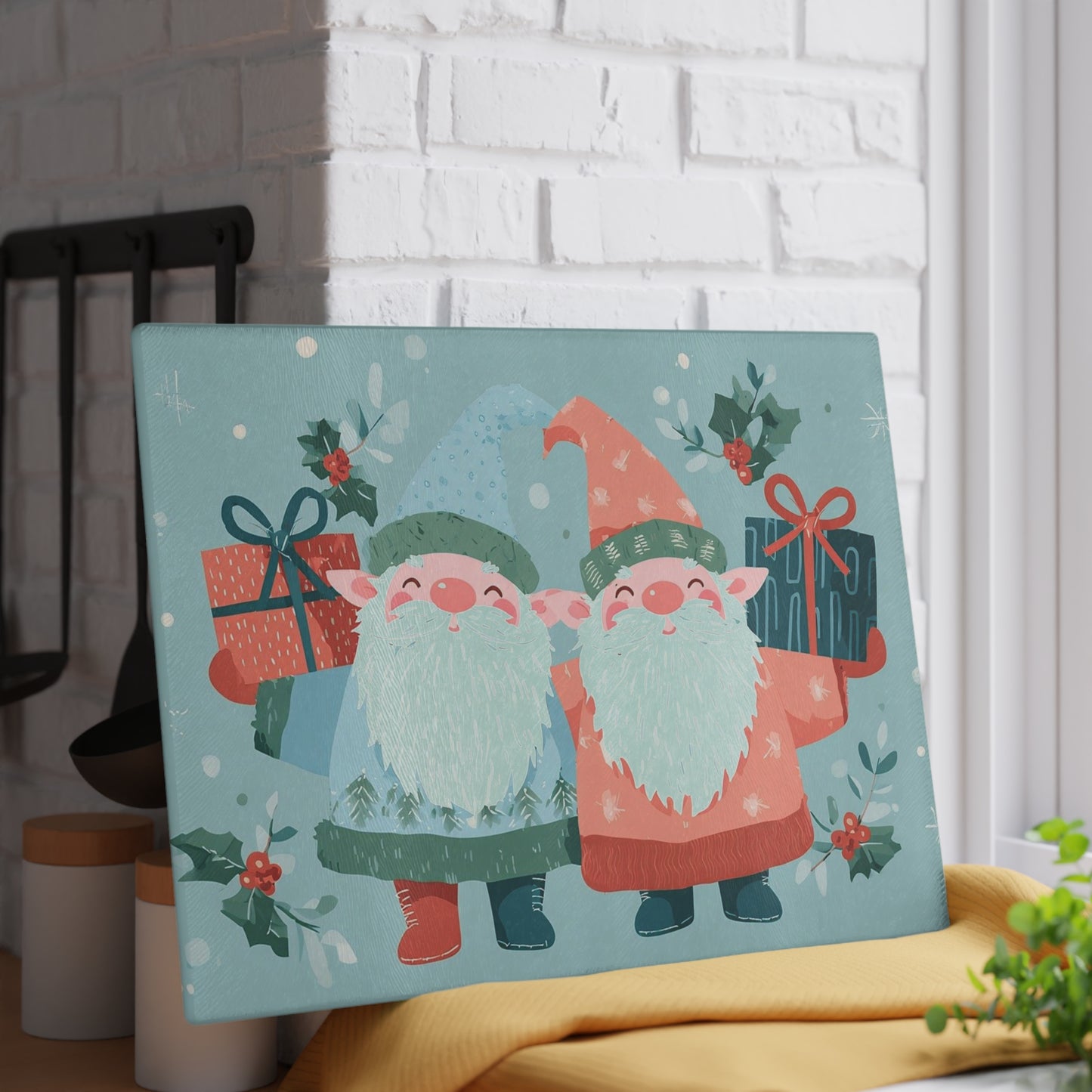 Christmas Gnome Glass Cutting Board, Holiday Kitchen Decor, Gift for Foodies, Gnome Lover Gift, Festive Kitchen Accessory