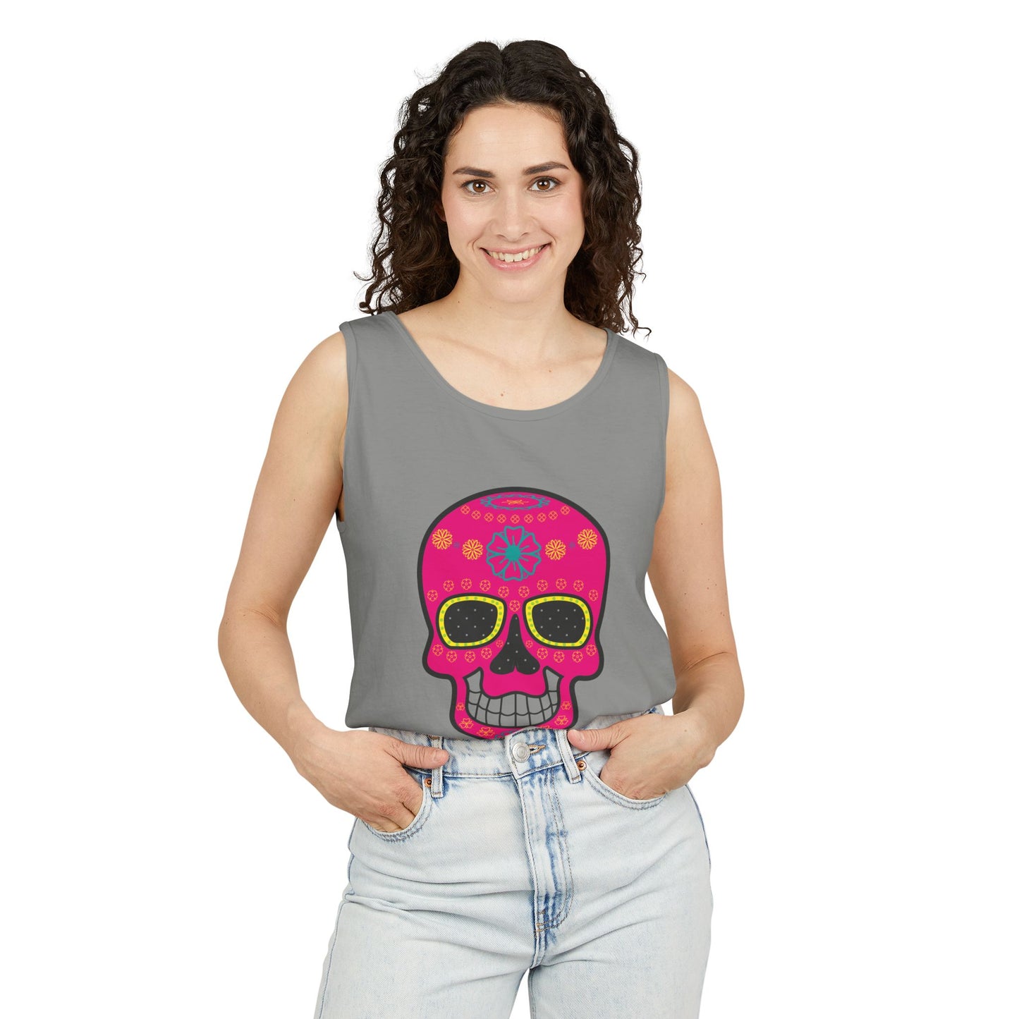 Colorful Dia de los Muertos Skull Tank Top, Unisex Summer Tee, Festival Wear
