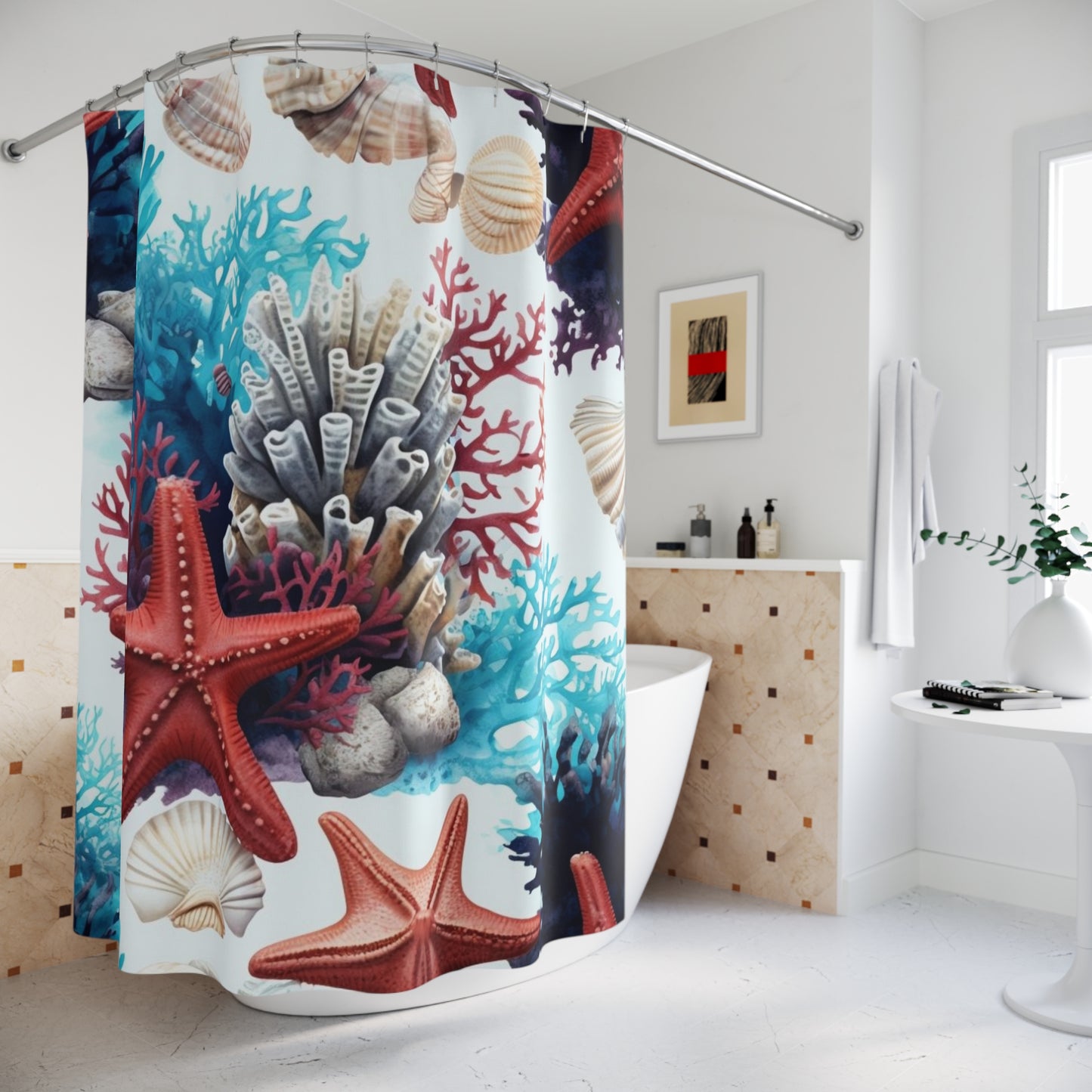 Coastal Seashell & Starfish Shower Curtain — Nautical Coral Bathroom Decor