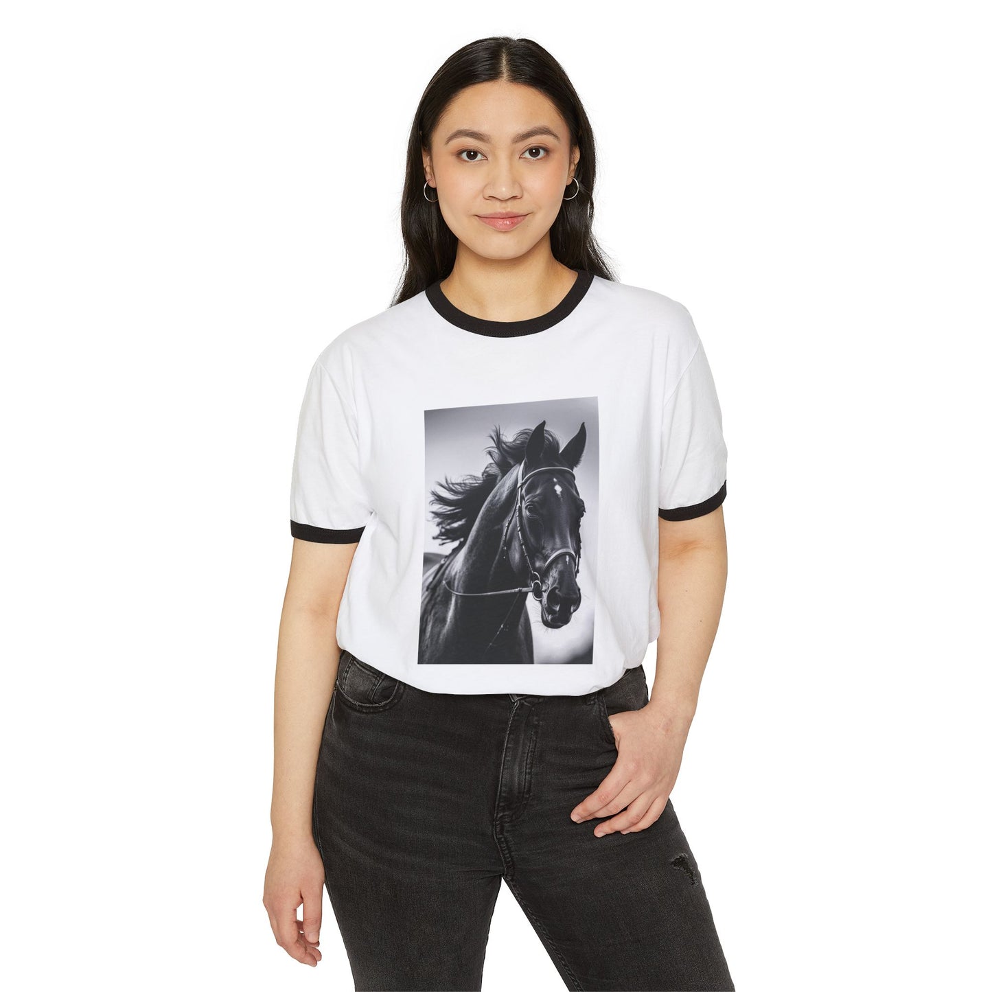 Horse Portrait Ringer T-Shirt — Black Stallion Graphic Tee for Equestrian Lovers