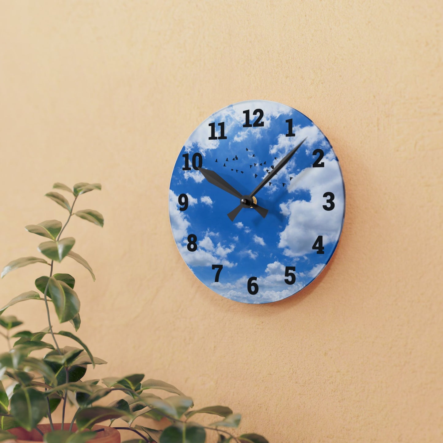 Sky Blue Acrylic Wall Clock - Modern Decor, Birds, Home Office, Unique Wall Art
