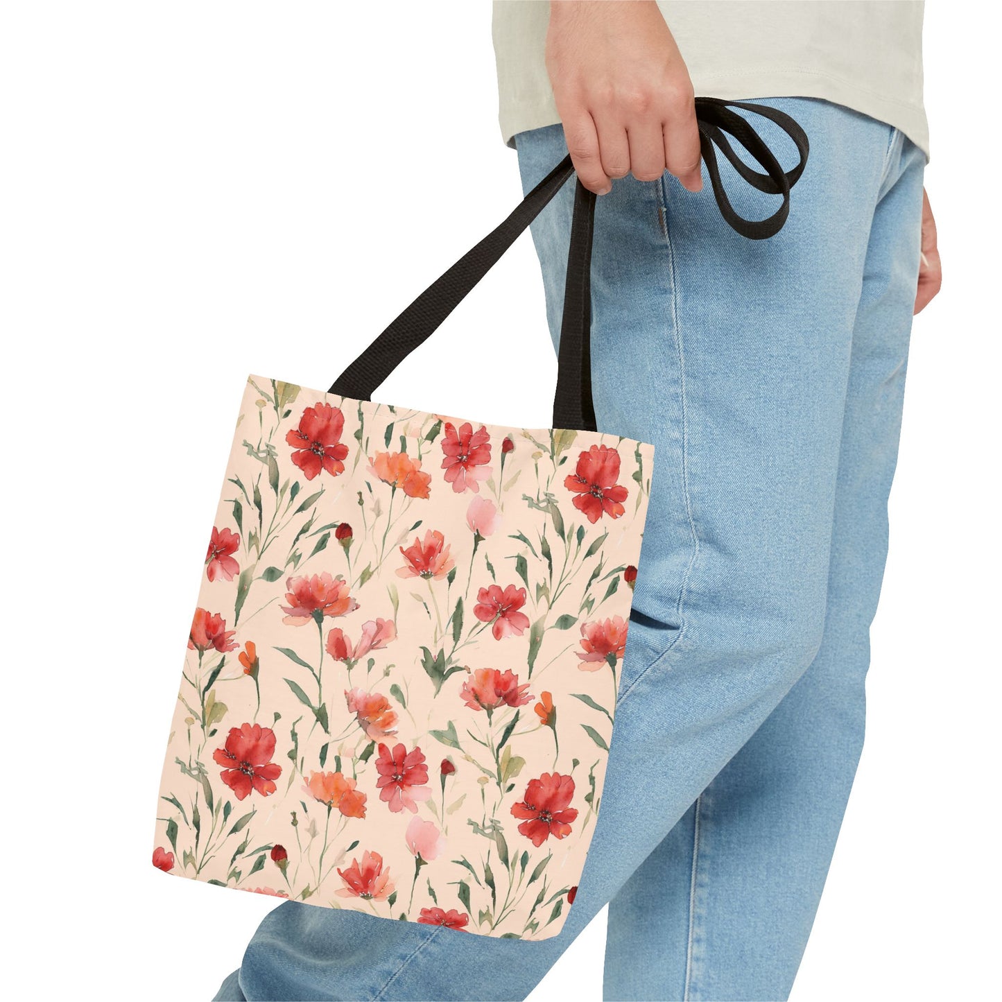 Floral Watercolor Tote Bag — Pink Red Poppy Pattern All-Over Print