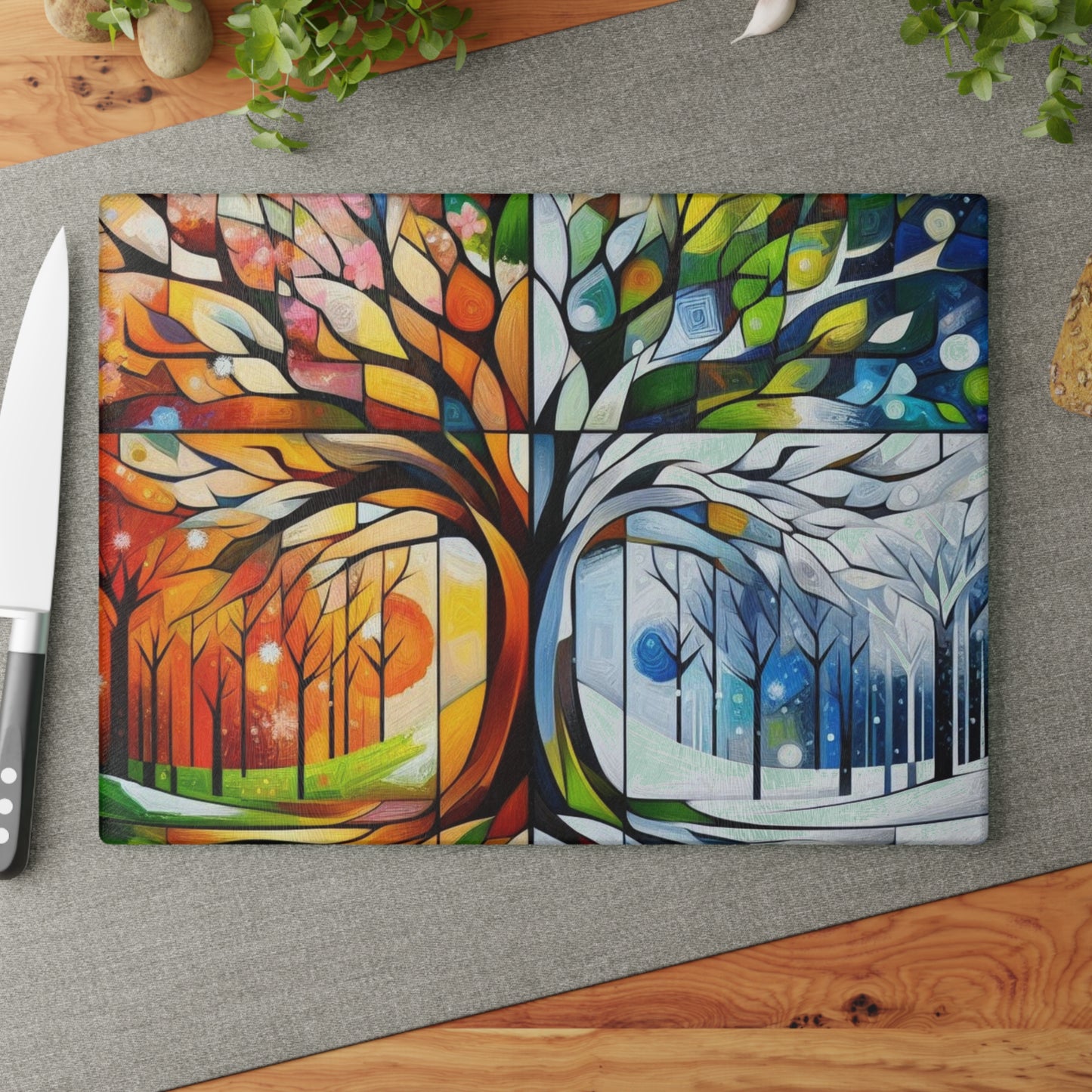 Four Seasons Tree Glass Cutting Board — Colorful Seasonal Kitchen Decor