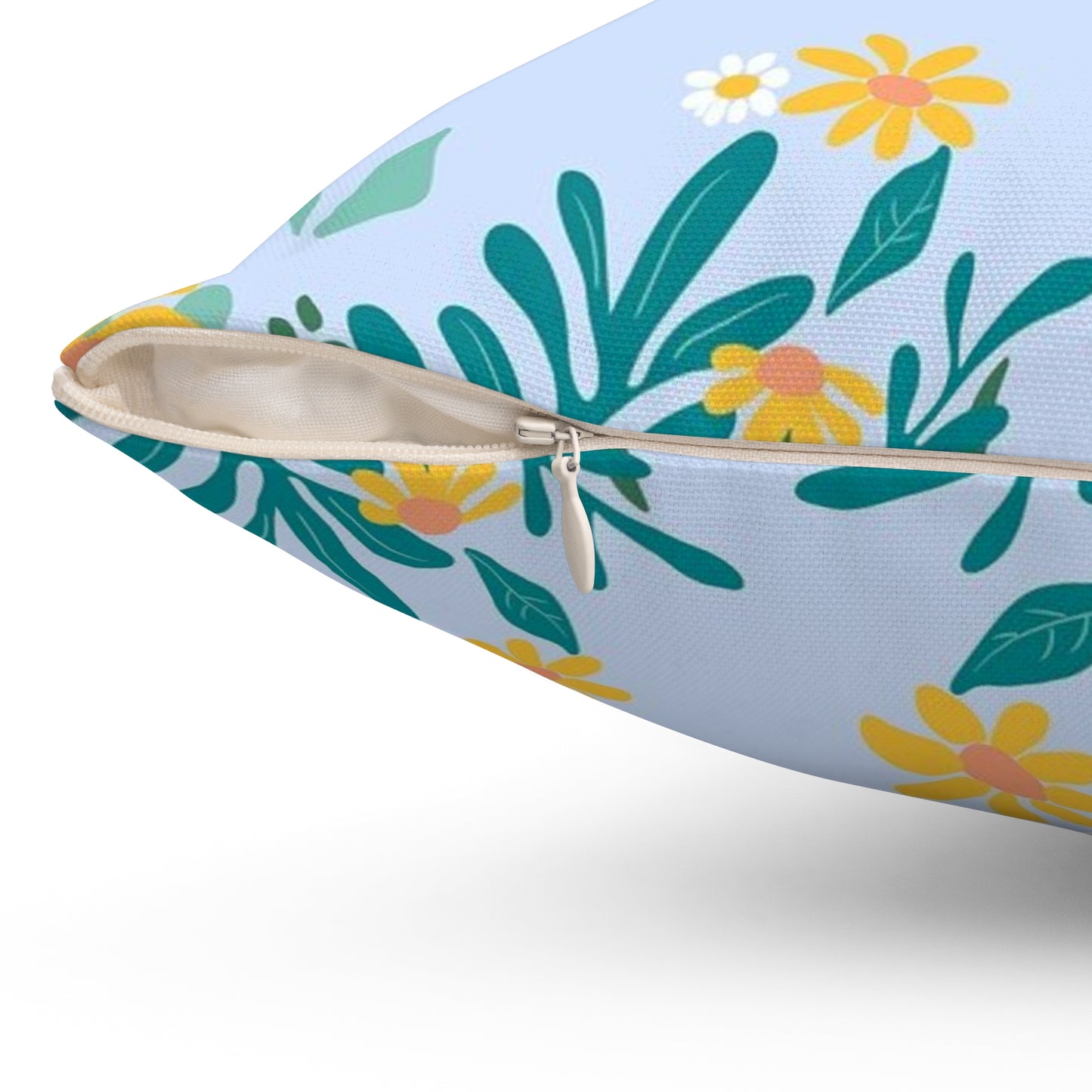 Floral Border Square Pillow — Light Blue Daisy Accent Cushion