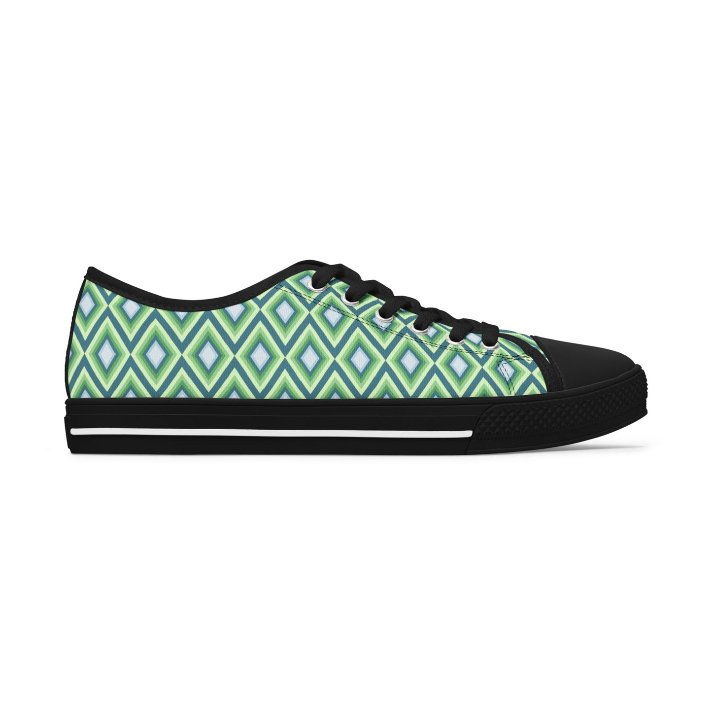 Green Geometric Diamond Pattern Women's Low Top Sneakers — Casual Retro Graphic Tennis Shoes