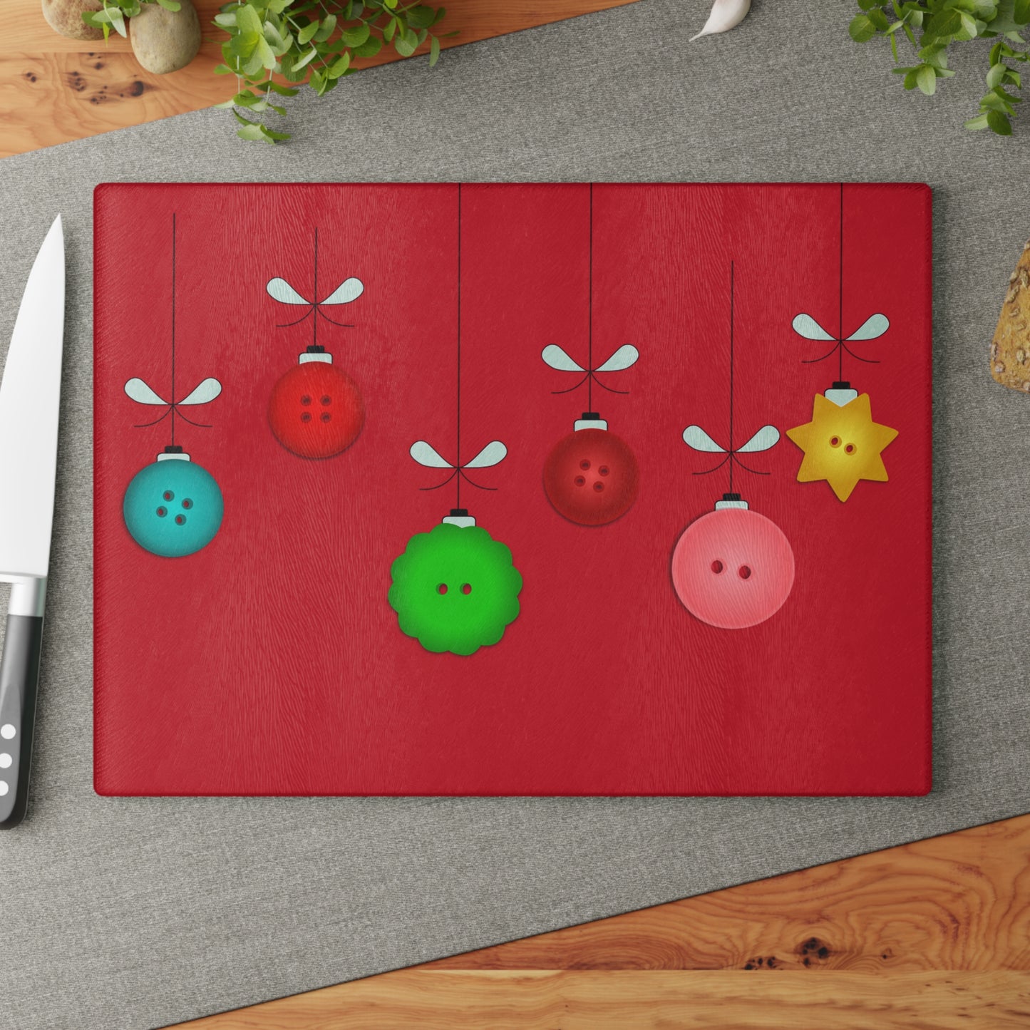 Festive Glass Cutting Board with Holiday Ornament Design, Kitchen Gift, Christmas Decor, Personalized Gift, Cooking Essentials