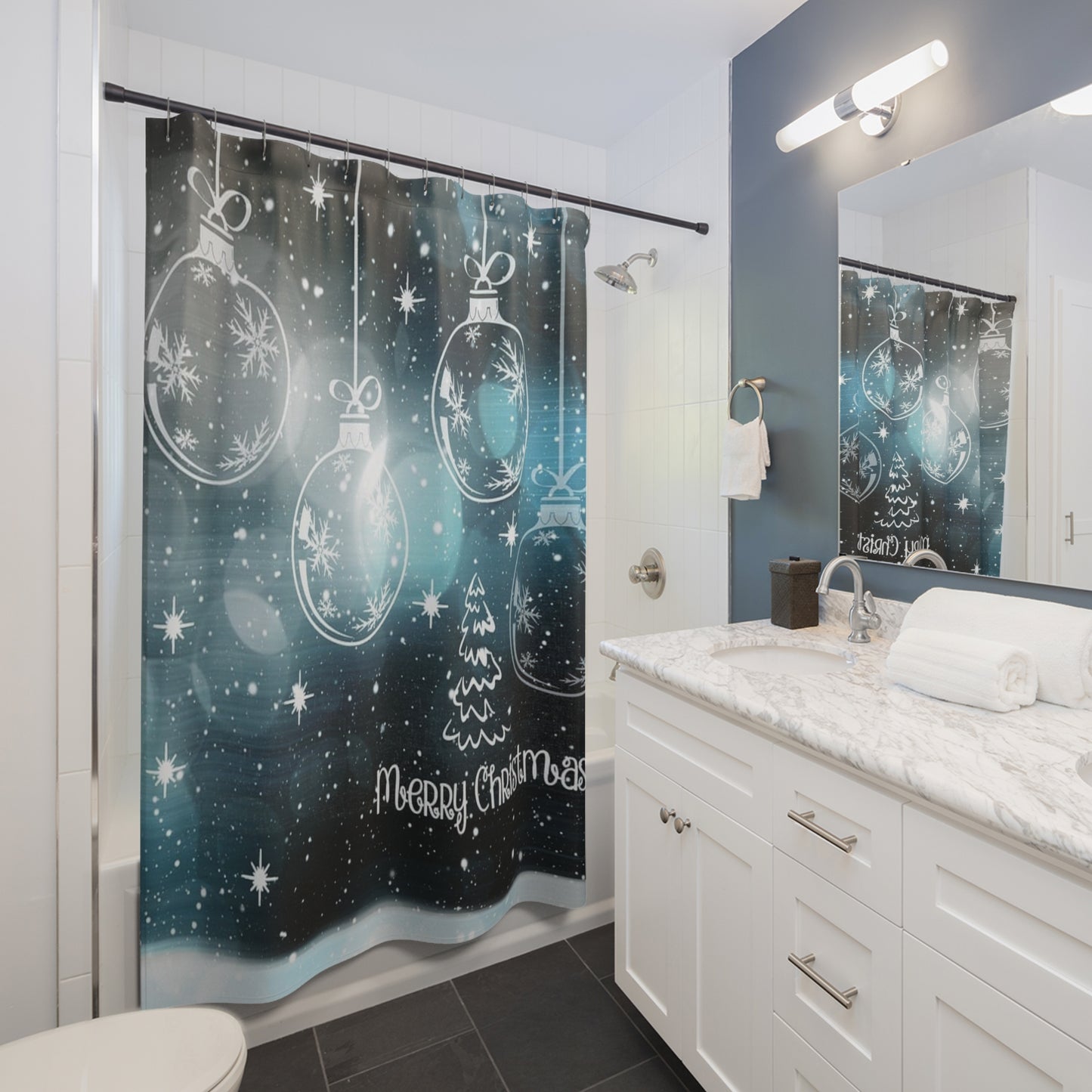 Christmas Shower Curtain with Snowflakes and Ornaments | Holiday Bathroom Decor, Merry Christmas Gift, Festive Home Accessory