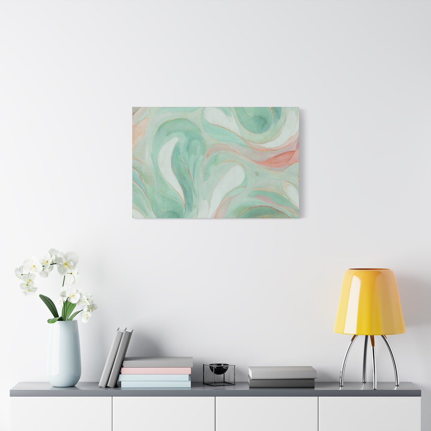 Abstract Green Marble Canvas Print — Teal & Coral Swirl Wall Art