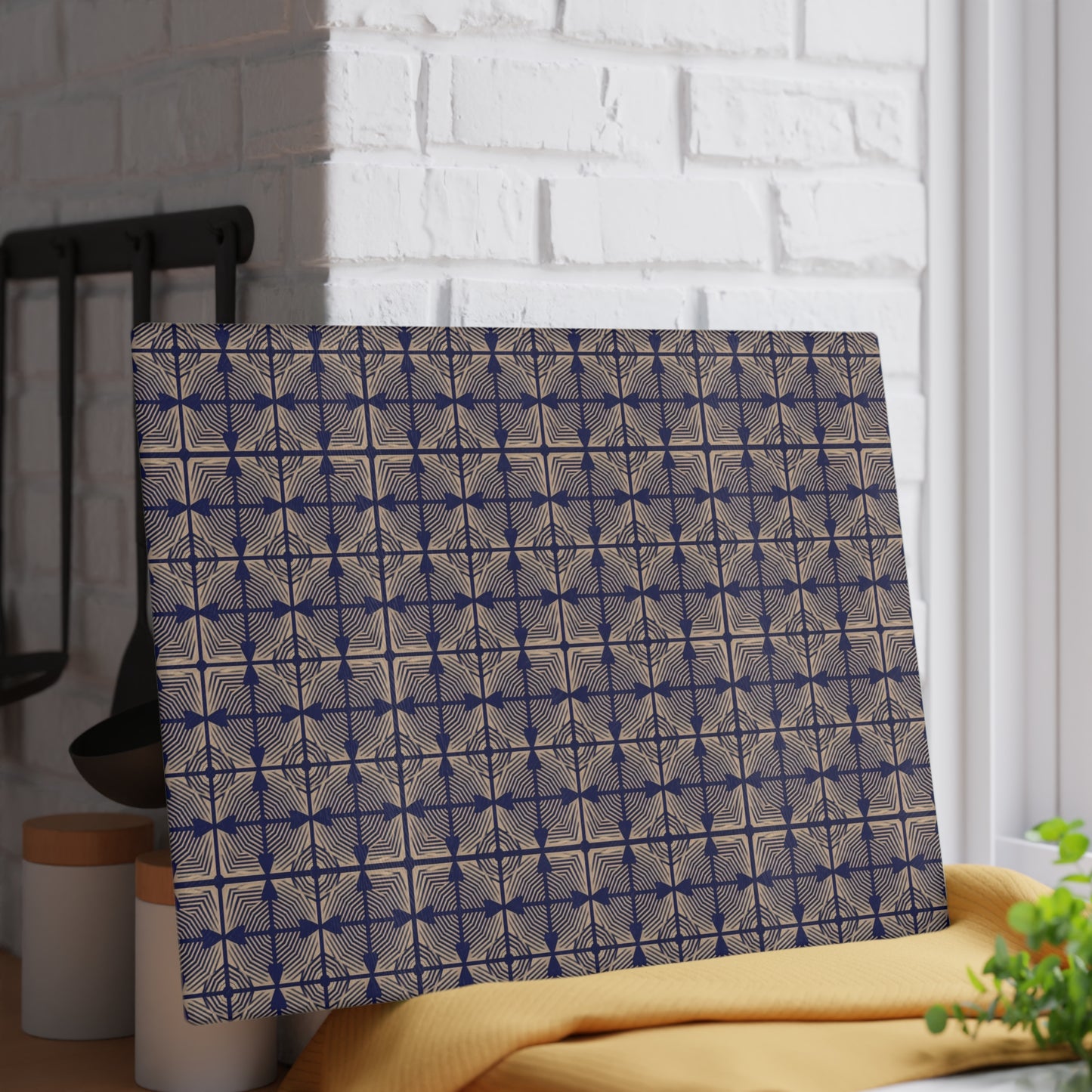 Patterned Glass Cutting Board – Vintage Blue Geometric Tile Design