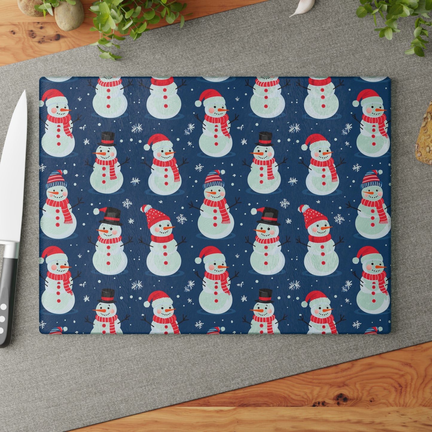 Snowman Pattern Glass Cutting Board — Festive Holiday Kitchen Decor