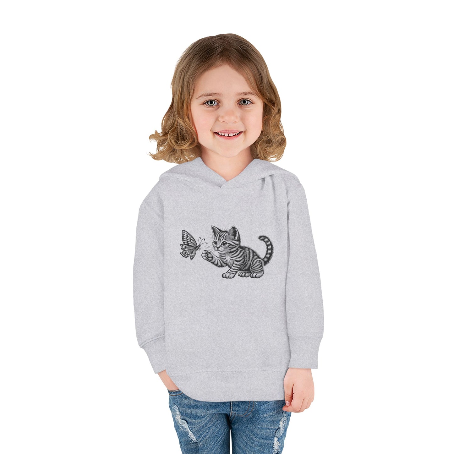 Cute Cat and Butterfly Toddler Hoodie, Toddler Pullover, Kids Fleece Hoodie, Animal Lover Gift, Playtime Pullover