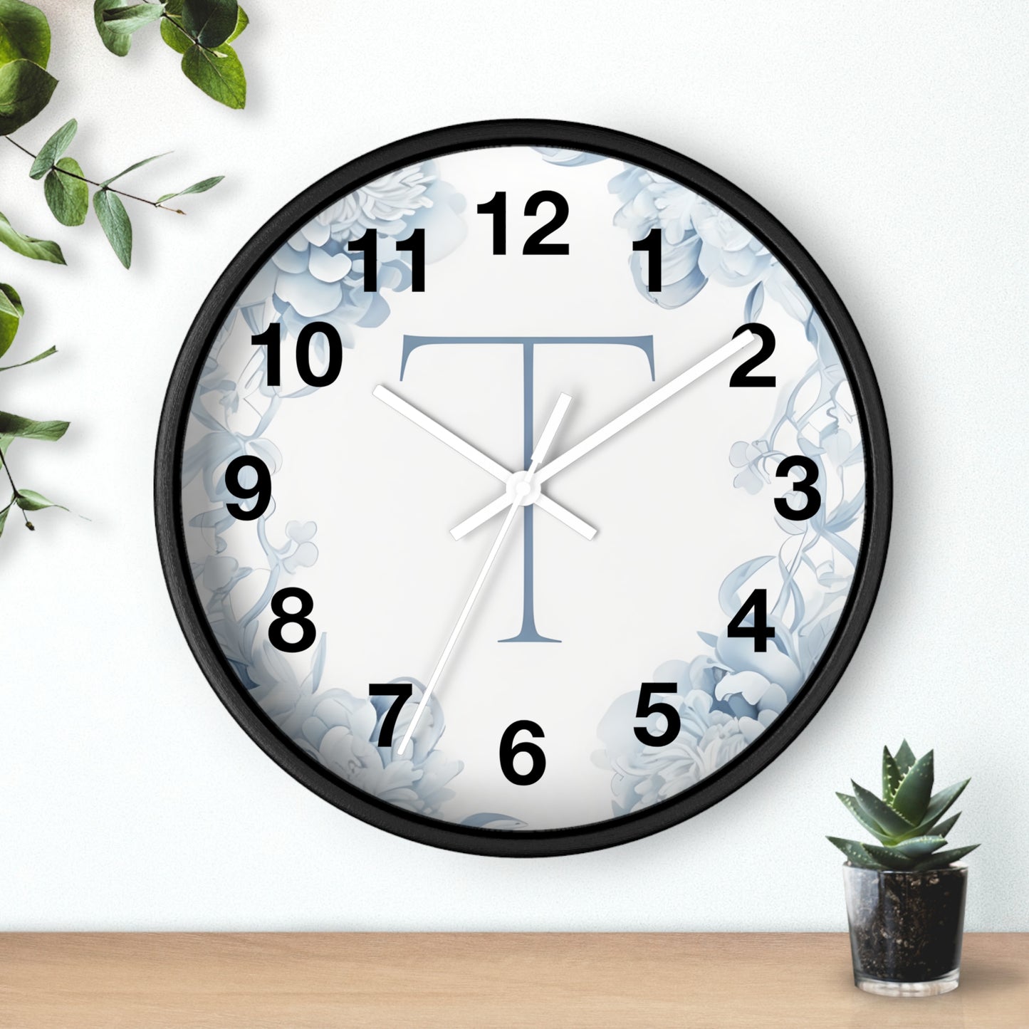Monogram T Floral Wall Clock — Elegant Blue Initial T Home Decor