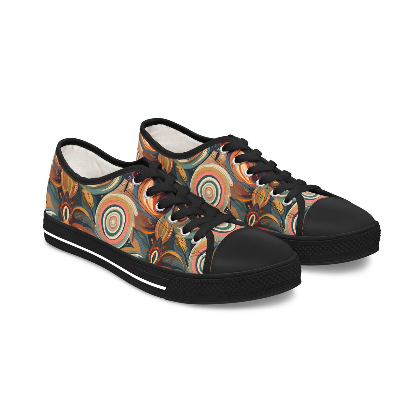 Low Top Sneakers — Retro Boho Circular Pattern Canvas Shoes
