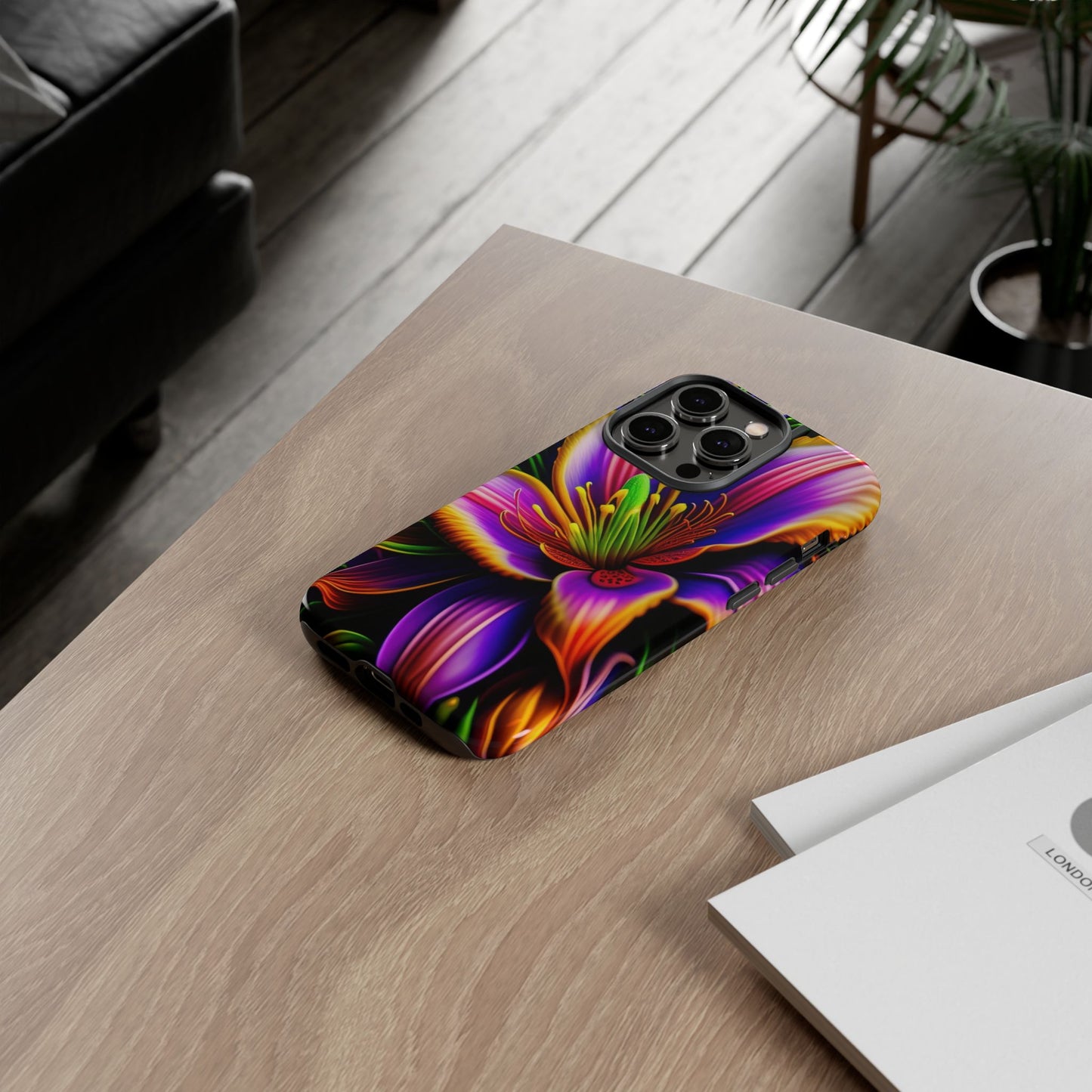 Floral Neon Tough Phone Case — Vivid Purple & Orange Lily Protective Cover