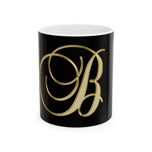 Monogram B Ceramic Mug — Elegant Gold Script Initial on Black (11oz, 15oz)