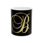 Monogram B Ceramic Mug — Elegant Gold Script Initial on Black (11oz, 15oz)