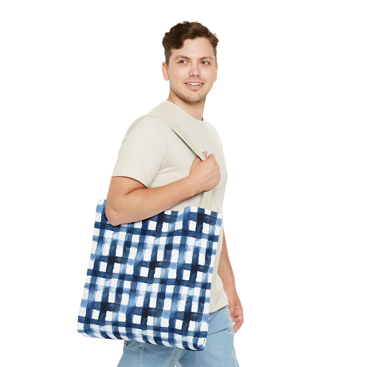 Blue Watercolor Plaid Tote Bag — Navy Check Pattern All-Over Print