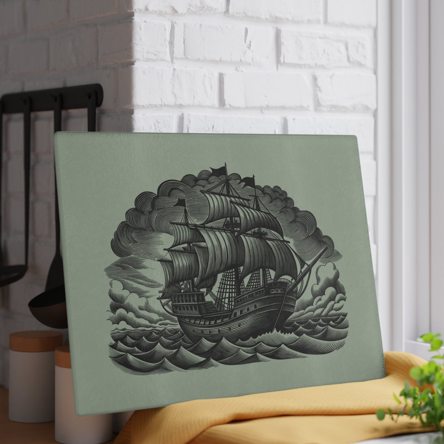 Nautical Glass Cutting Board with Ship Design - Kitchen Decor, Gift for Chefs, Housewarming, Anniversary, Maritime Themed Gift