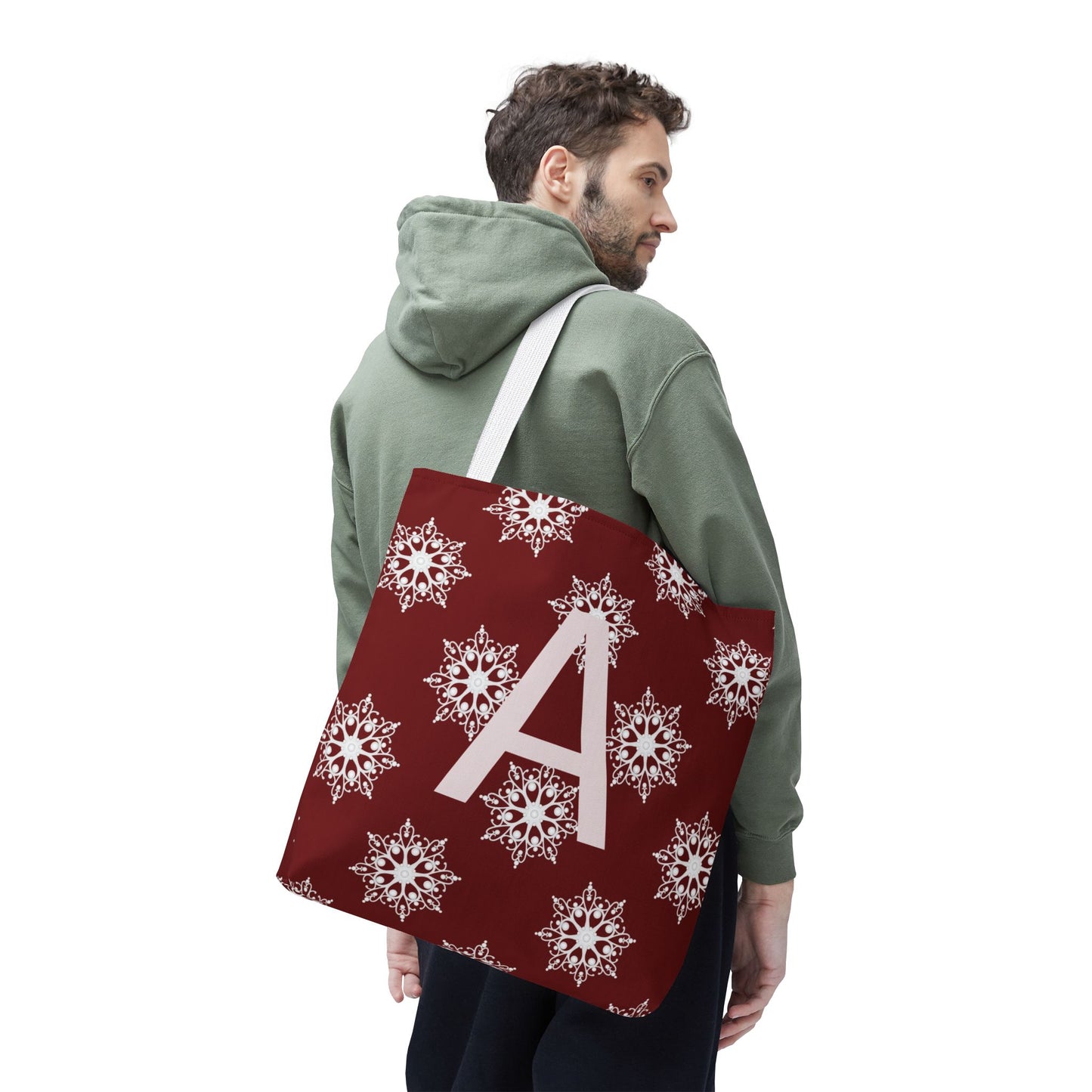 Monogram A Snowflake Tote Bag — Personalized Holiday AOP Tote