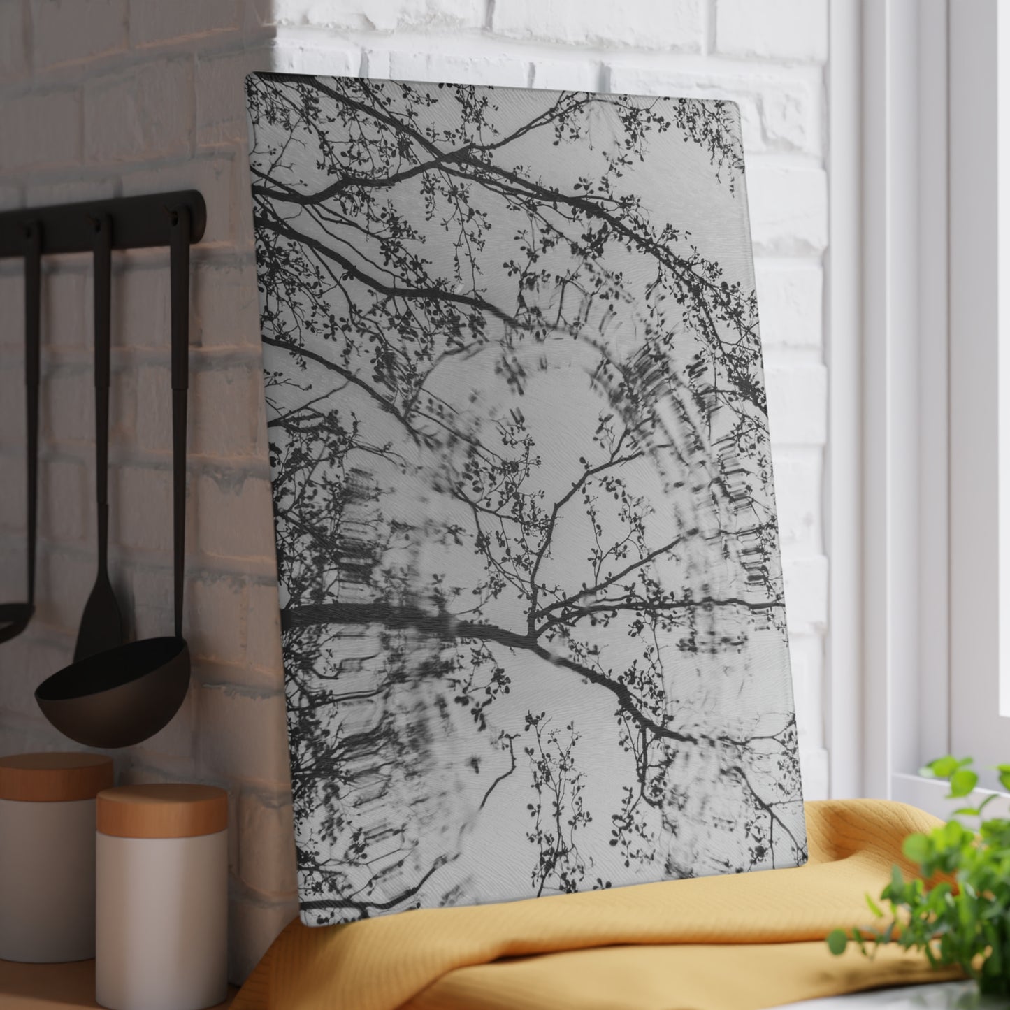 Glass Cutting Board — Monochrome Ferris Wheel & Tree Silhouette Decorative Cutting Board