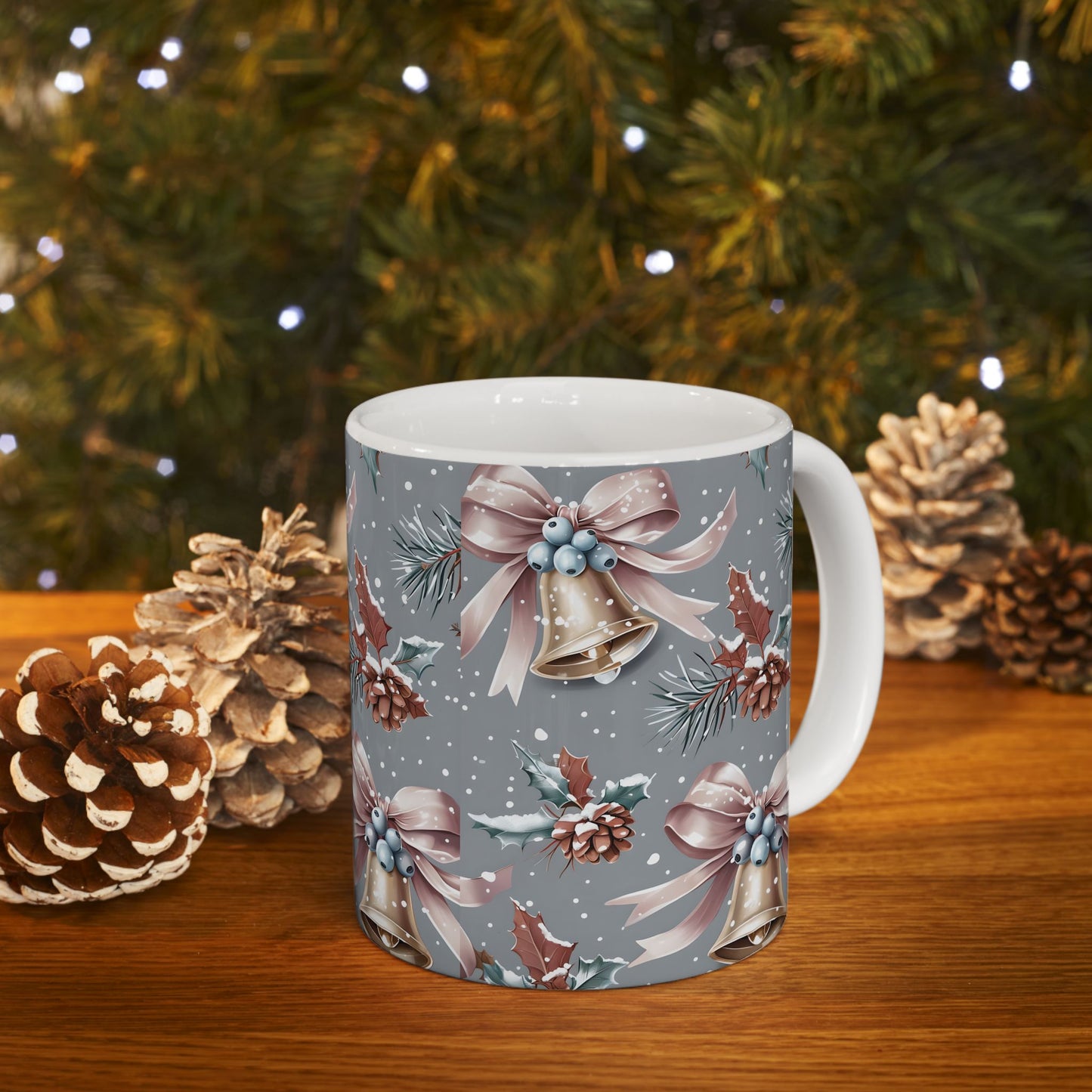 Festive Holiday Ceramic Mug, Christmas Gift, Winter Decor, Bell Design, Cozy Coffee Cup, Seasonal Beverage Container