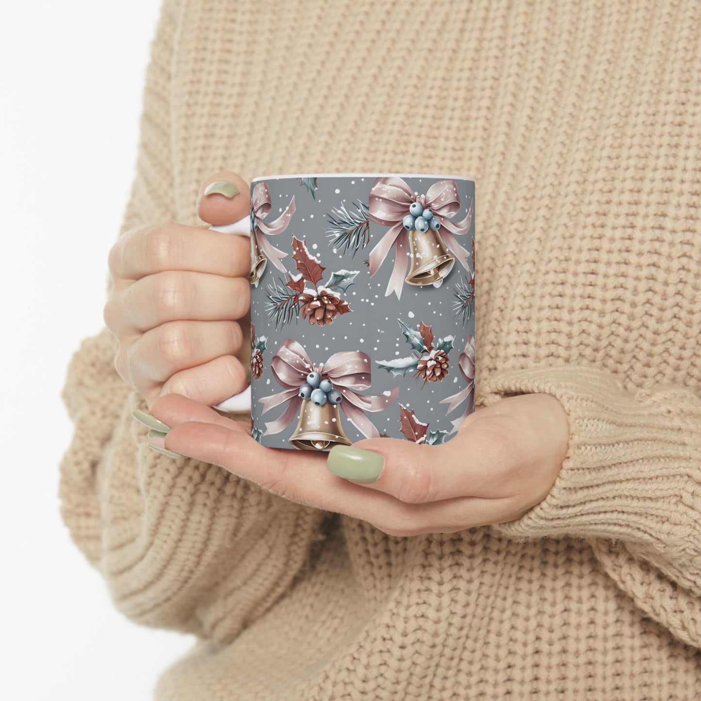 Festive Holiday Ceramic Mug, Christmas Gift, Winter Decor, Bell Design, Cozy Coffee Cup, Seasonal Beverage Container