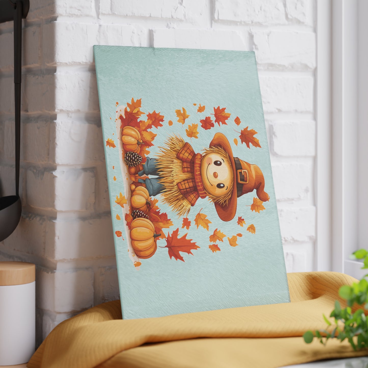 Autumn Scarecrow Glass Cutting Board, Fall Kitchen Decor, Thanksgiving Gift, Food Prep Surface, Harvest Homeware, Seasonal Cooking Tool