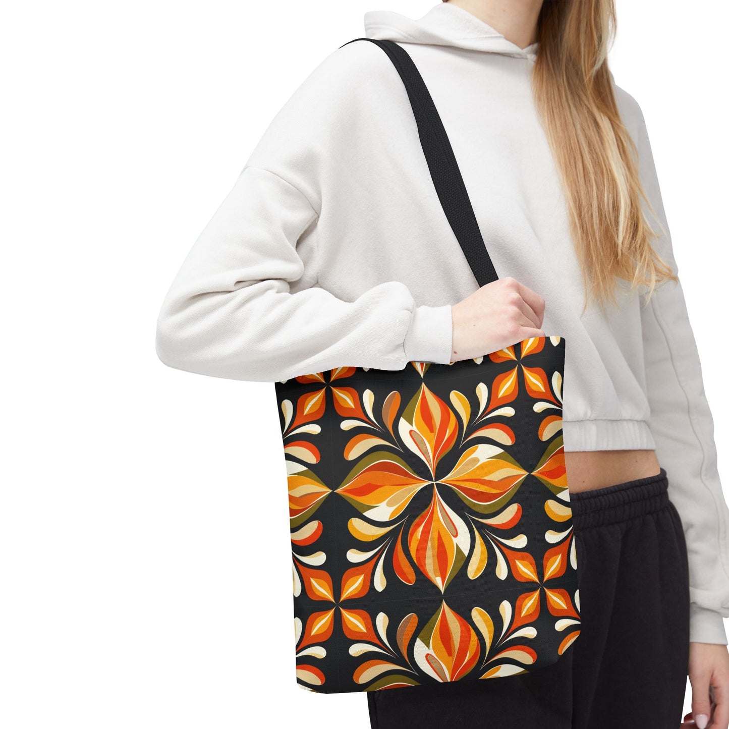Retro Floral Tote Bag — Orange & Black Boho Pattern