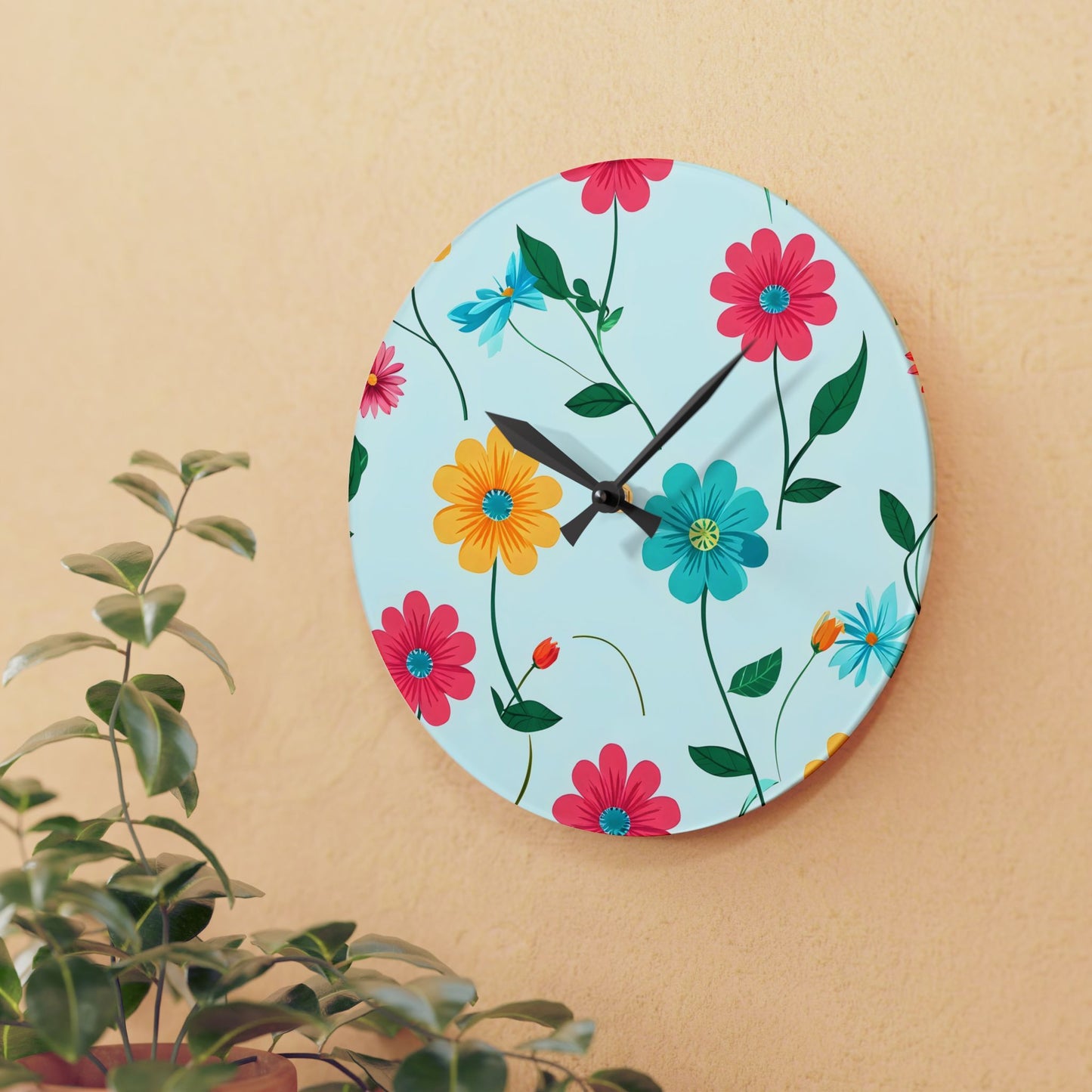 Floral Acrylic Wall Clock — Colorful Spring Daisy Design