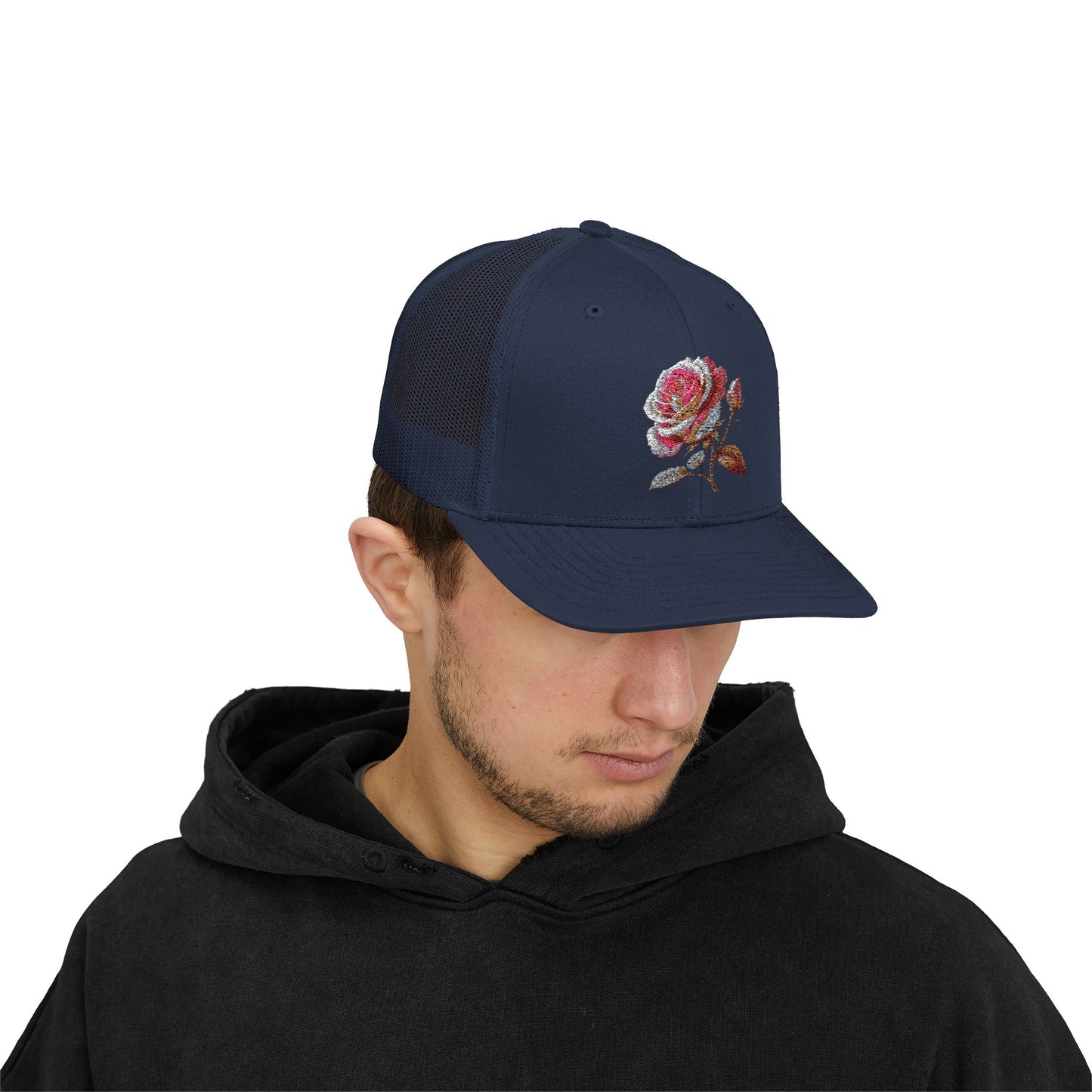 Rose Embellished Snapback Trucker Cap, Casual Hat for Outdoor Events, Gift for Flower Lovers, Stylish Fashion Accessory, Holiday Cap