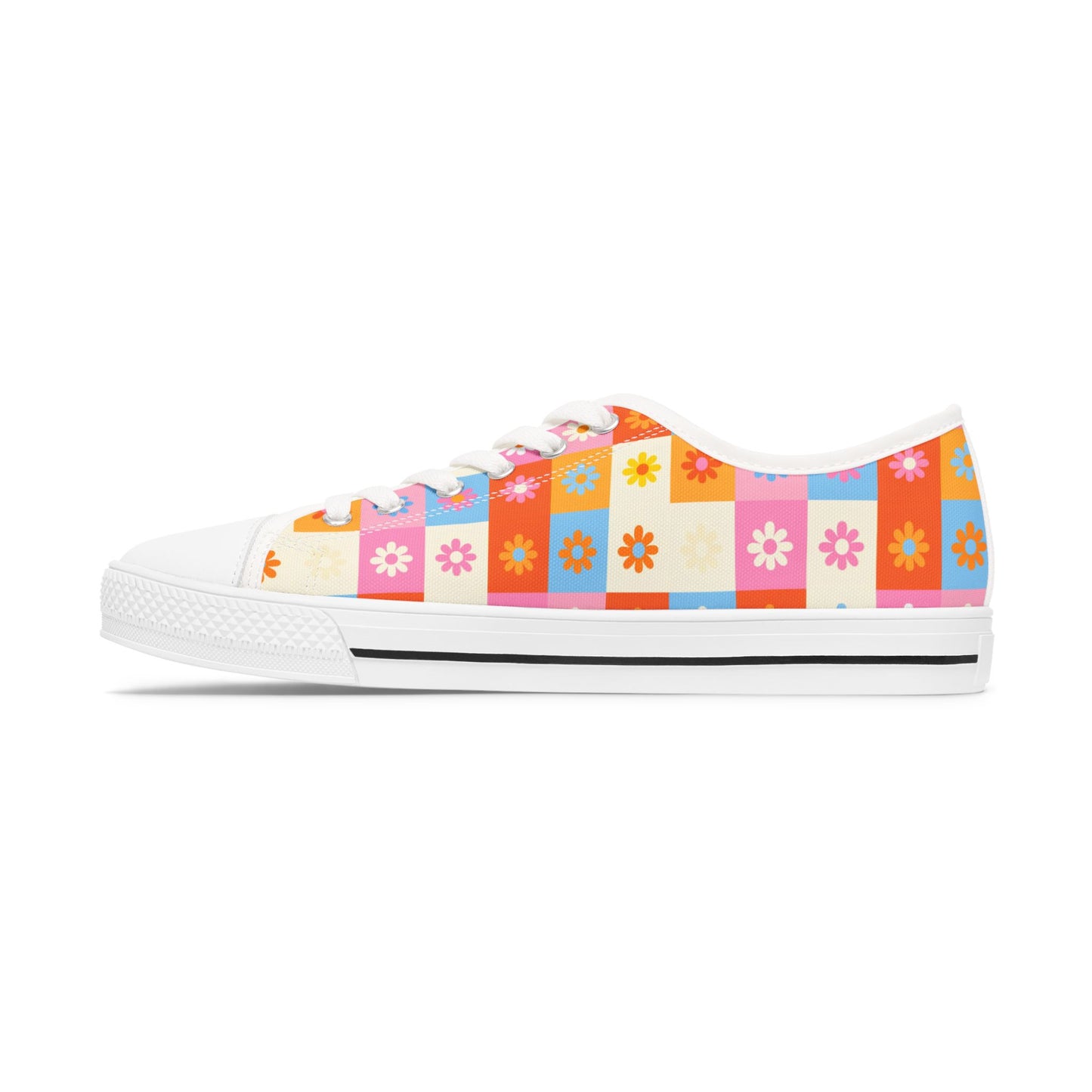 Floral Checkered Low Top Sneakers — Retro 60s-Inspired Casual Shoes