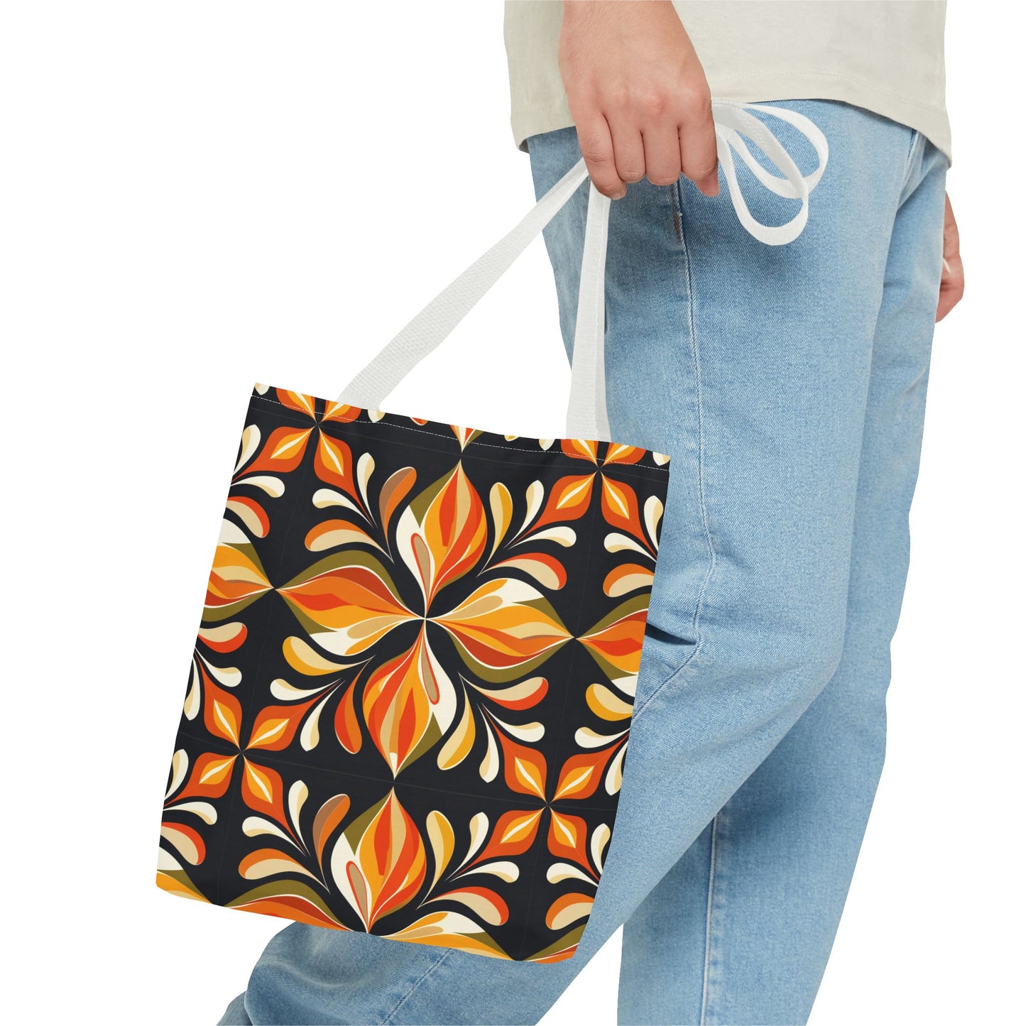 Retro Floral Tote Bag — Orange & Black Boho Pattern