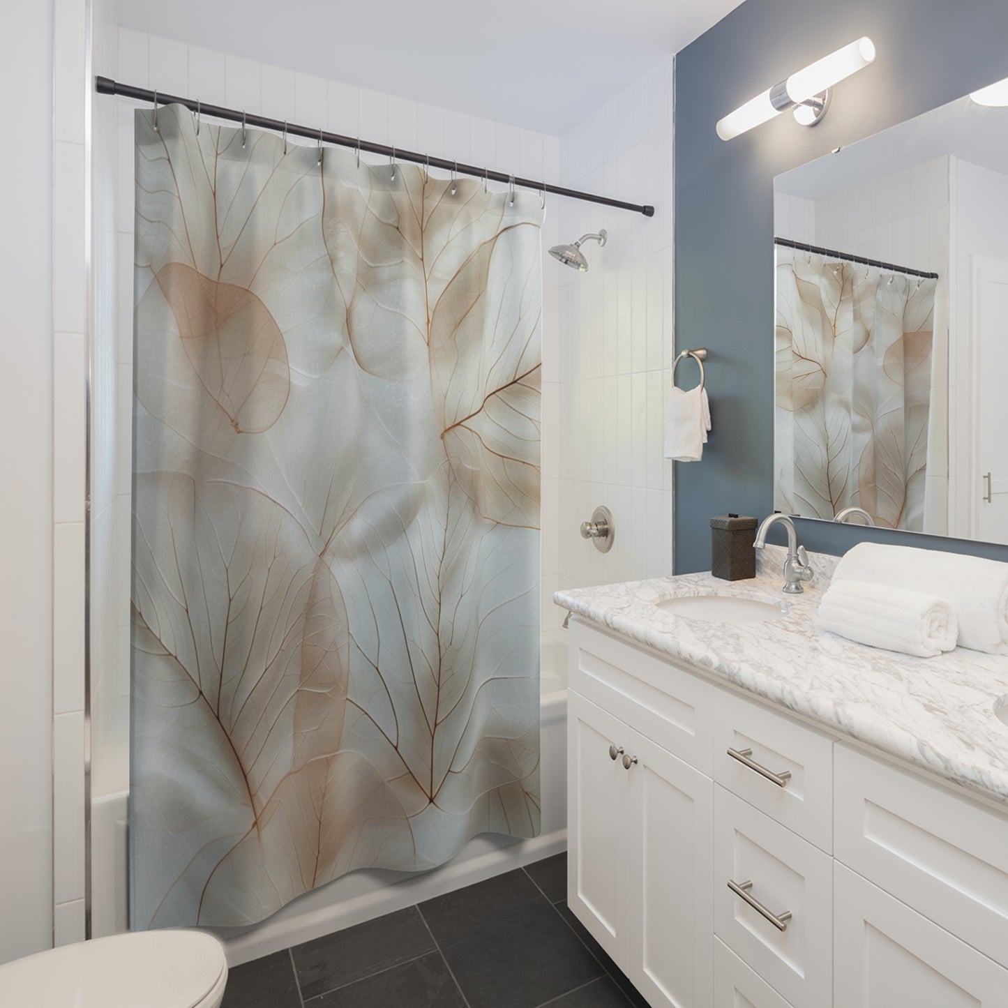 Ethereal Leaf Shower Curtain — Soft Neutral Botanical Bathroom Decor