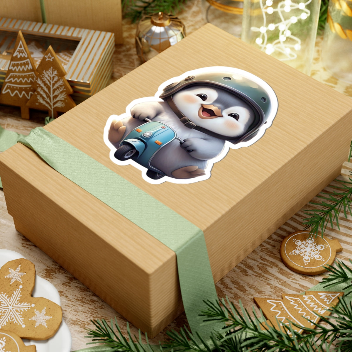 Adorable Penguin Scooter Kiss-Cut Sticker, Cute Animal Decor, Laptop Stickers, Gift for Kids, Fun Accessories, Holiday Decor
