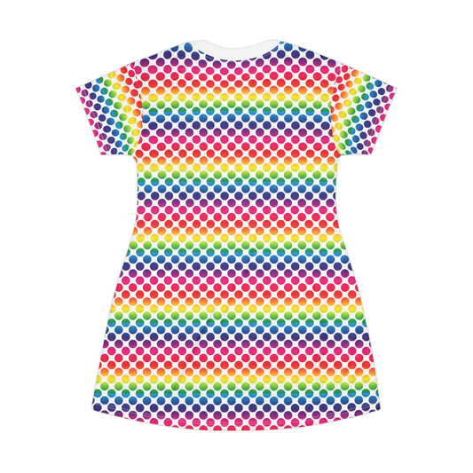 Rainbow Polka Dot T-Shirt Dress, Casual Summer Dress, Colorful Dress for Festivals, Gift for Her, Cute Everyday Wear