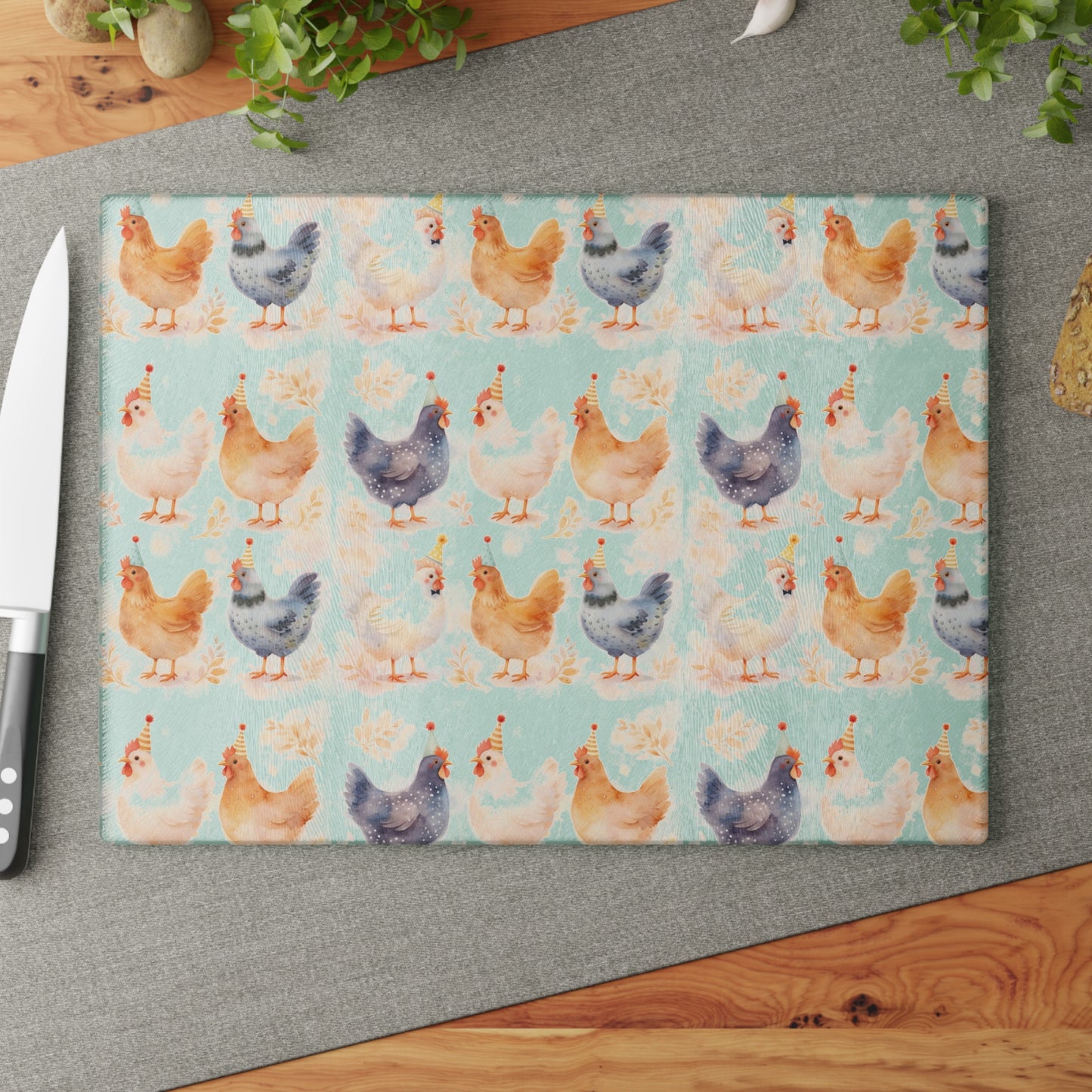 Chicken Pattern Glass Cutting Board — Watercolor Farmhouse Kitchen Decor