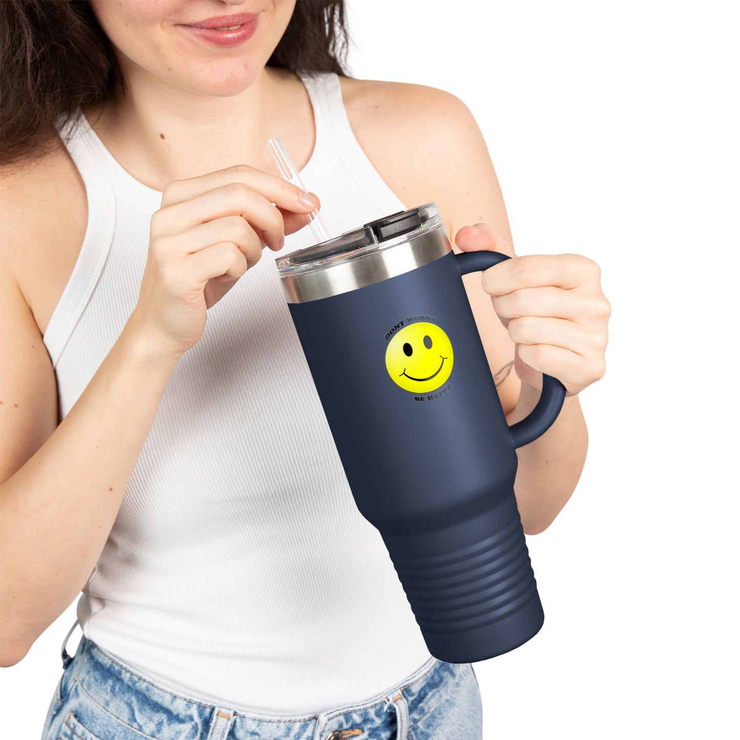 Happy Face Insulated Travel Mug | 40oz, Summer Vibes, Gift for Coffee Lovers, Home Office Essential, Brighten Your Day