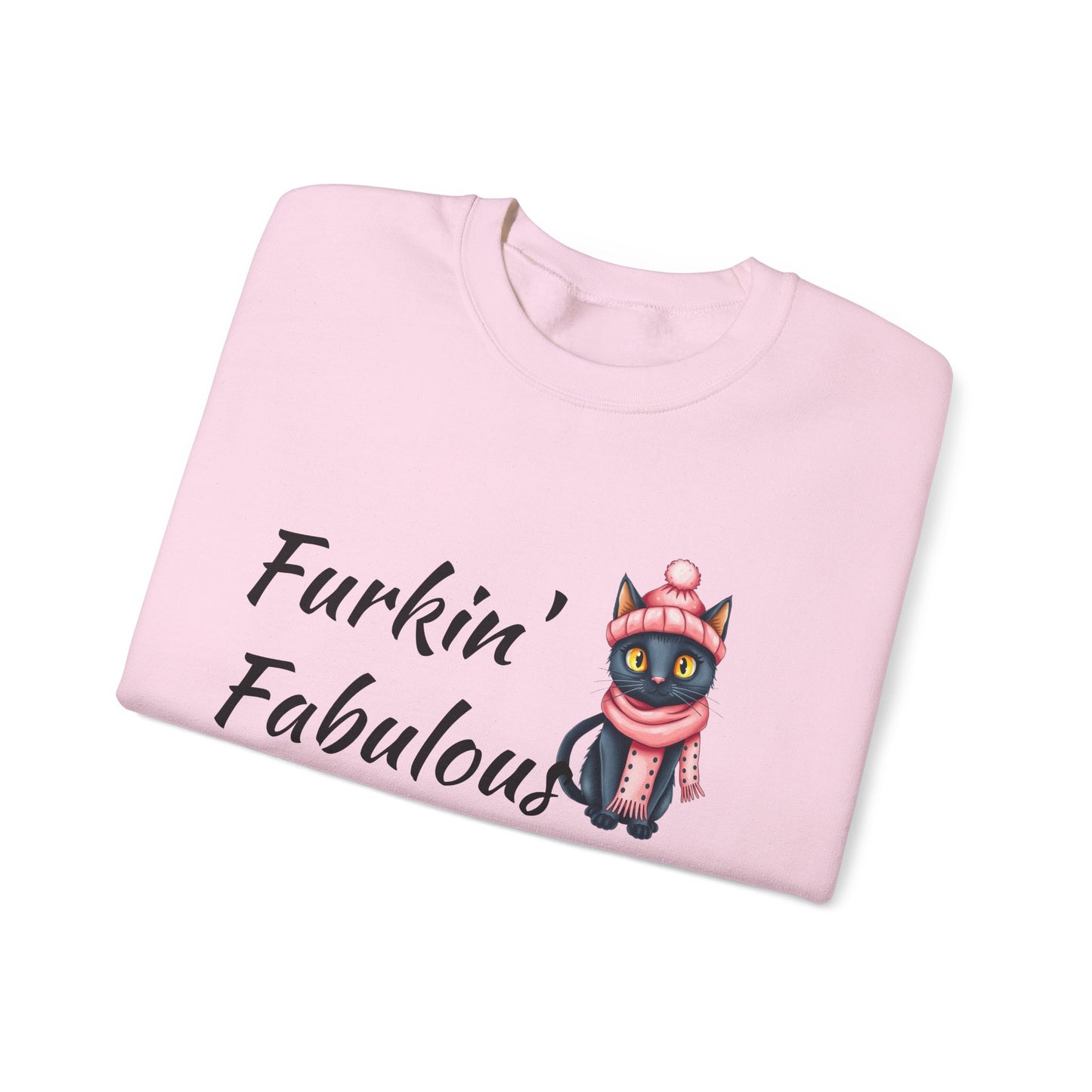 Crewneck Sweatshirt — "Furkin' Fabulous" Cute Black Cat in Pink Hat & Scarf