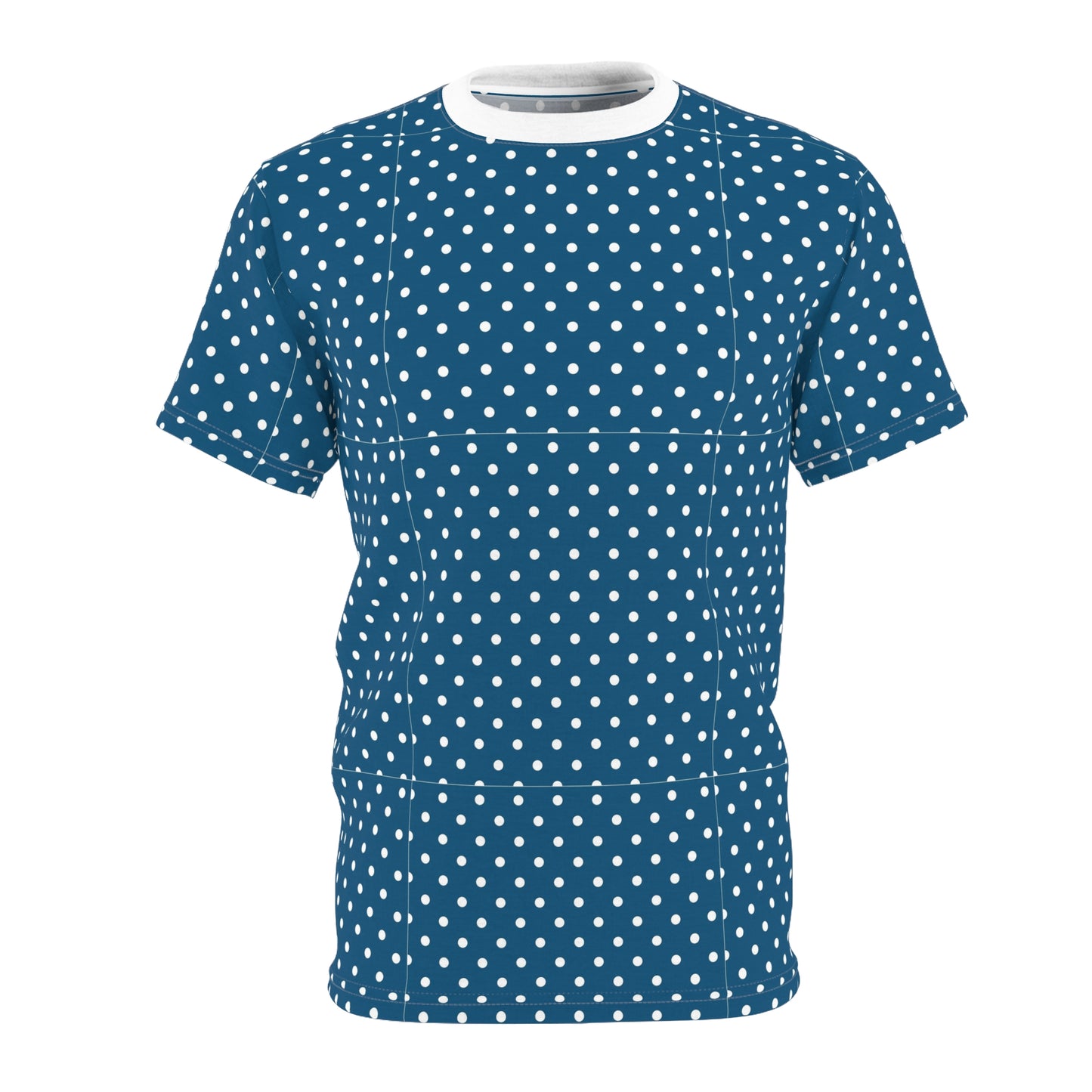 Navy Polka Dot Unisex Tee, Stylish Everyday Wear, Casual Gift, Summer Outfit, Birthday Celebration, Trendy Fashion Tee, AOP Design