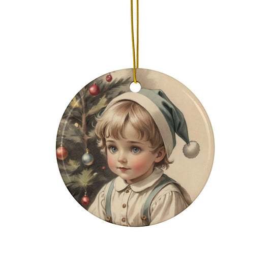 Vintage Christmas Ceramic Ornaments, 2-Sided Holiday Decor, Child and Tree Design, Perfect for Tree, Gifts, Stockings, Collectibles
