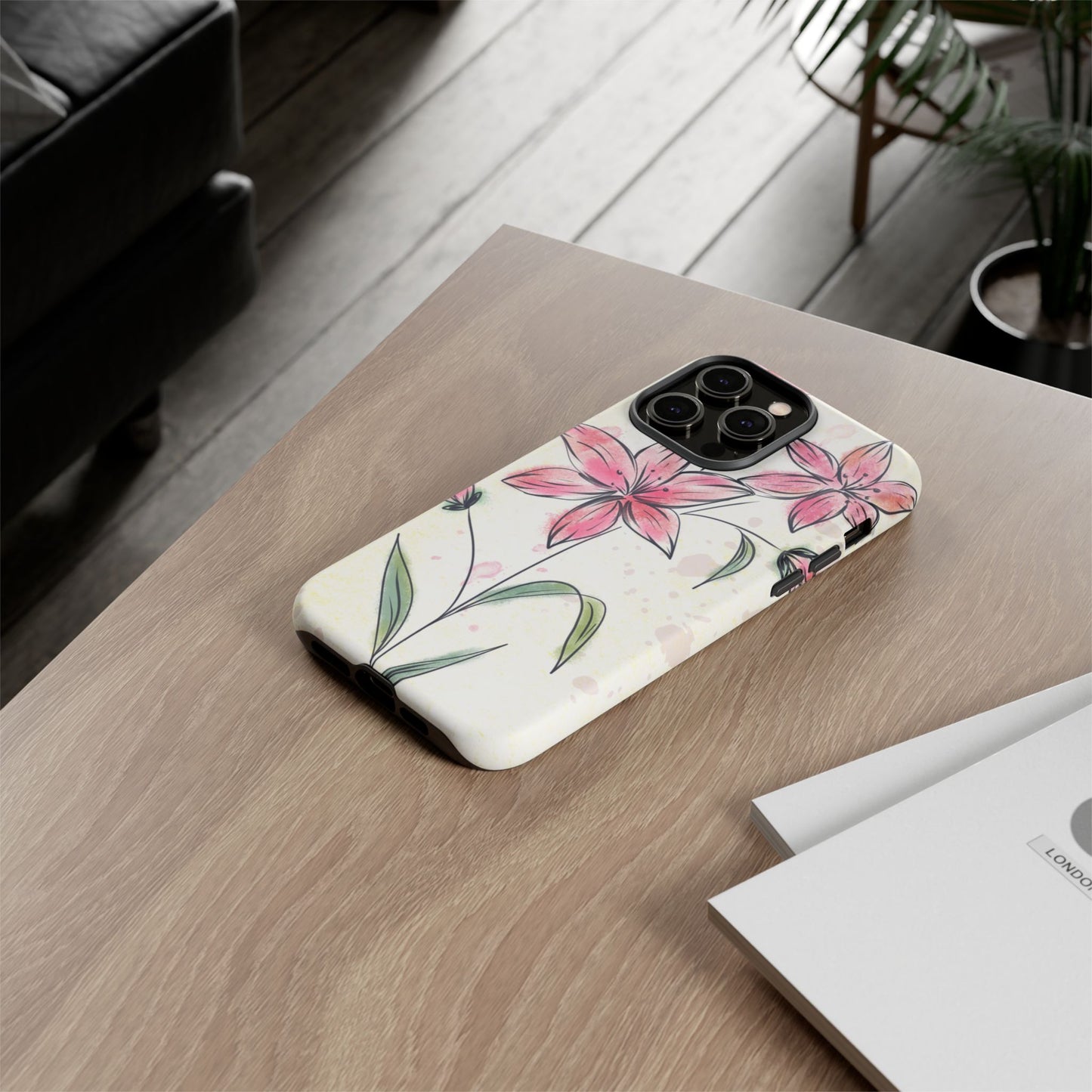Floral Phone Case with Elegant Pink Lilies, Cute Floral Accessories, Phone Protection, Gift for Her, Stylish Cell Phone Cover