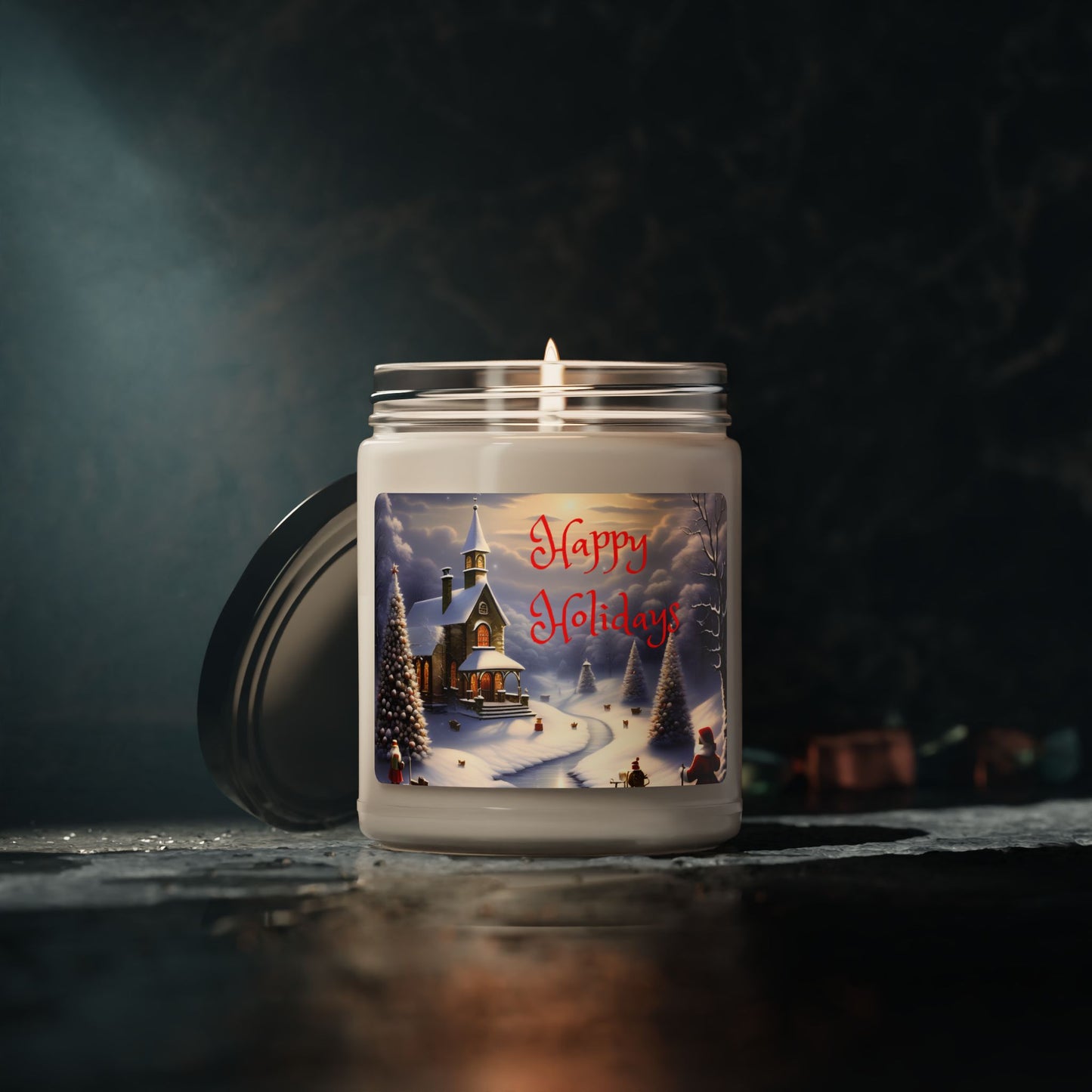 Happy Holidays 9oz Scented Soy Candle — Winter Church Snow Scene Holiday Candle