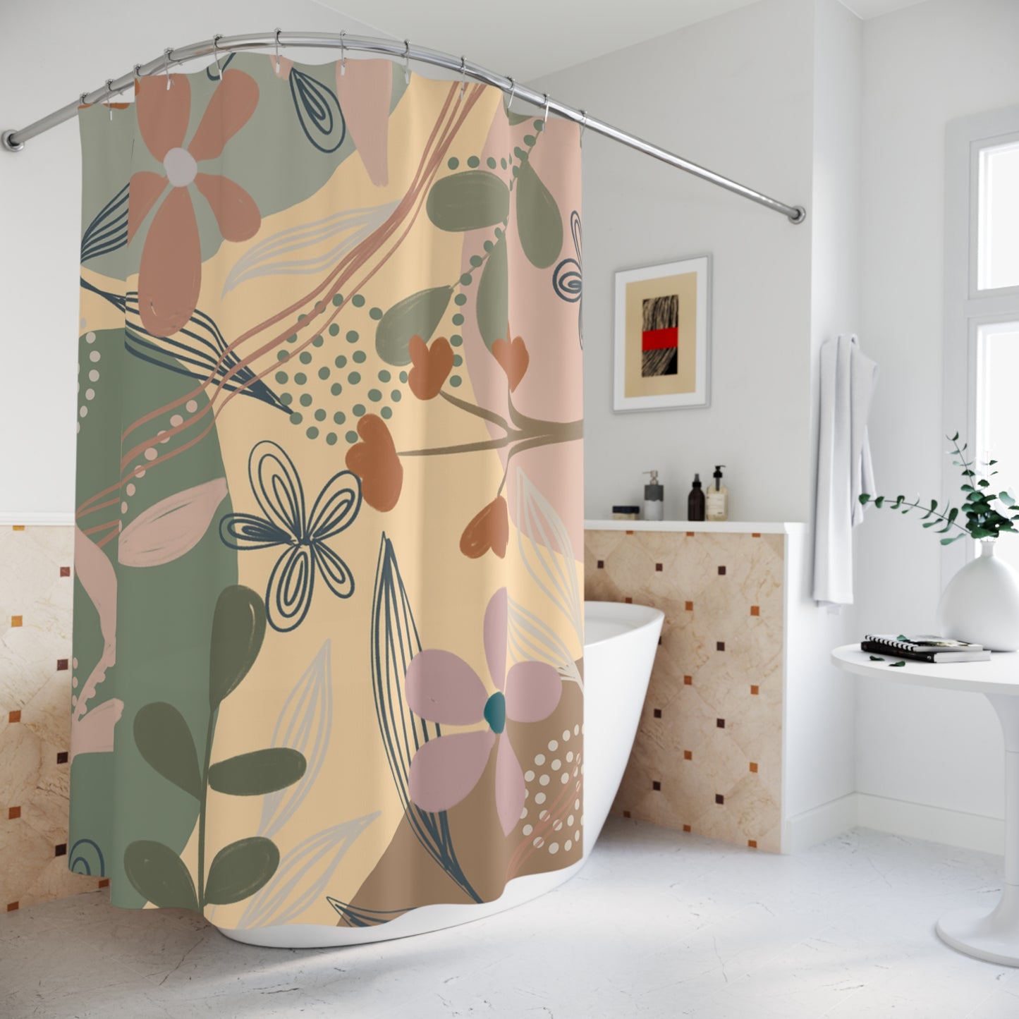 Boho Floral Shower Curtain — Vintage Earth Tone Botanical Design