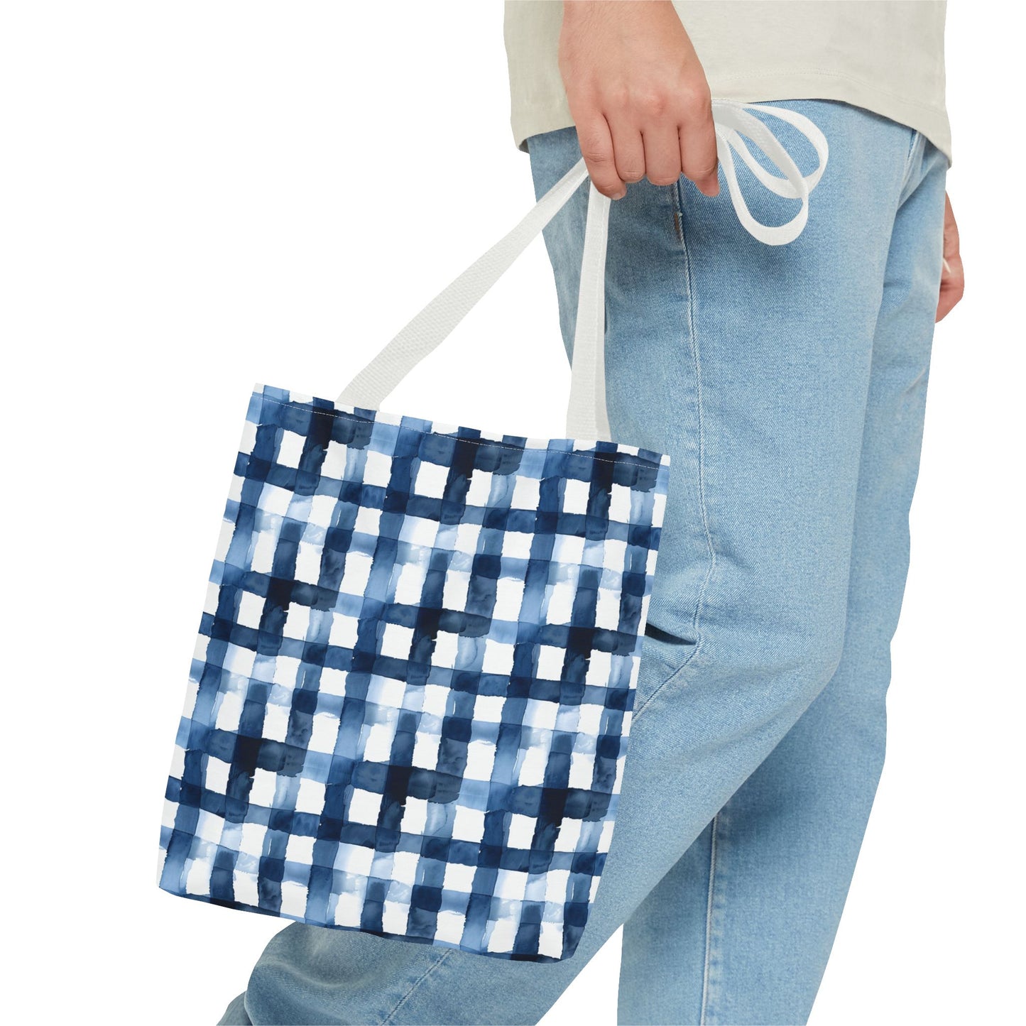 Blue Watercolor Plaid Tote Bag — Navy Check Pattern All-Over Print