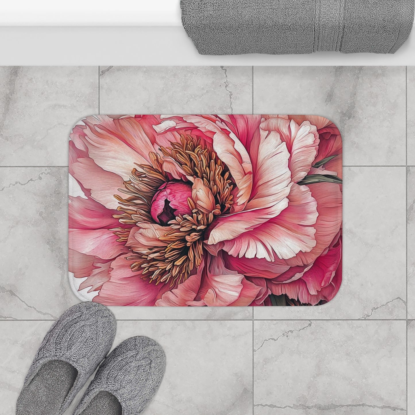 Floral Bathroom Bath Mat, Boho Home Decor, Flower Design, Pink Peony Rug, Mother's Day Gift, Cozy Bathroom