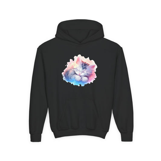 Kids' Cozy Rainbow Kitten Hoodie — Cute Sleeping Cat Youth Sweatshirt