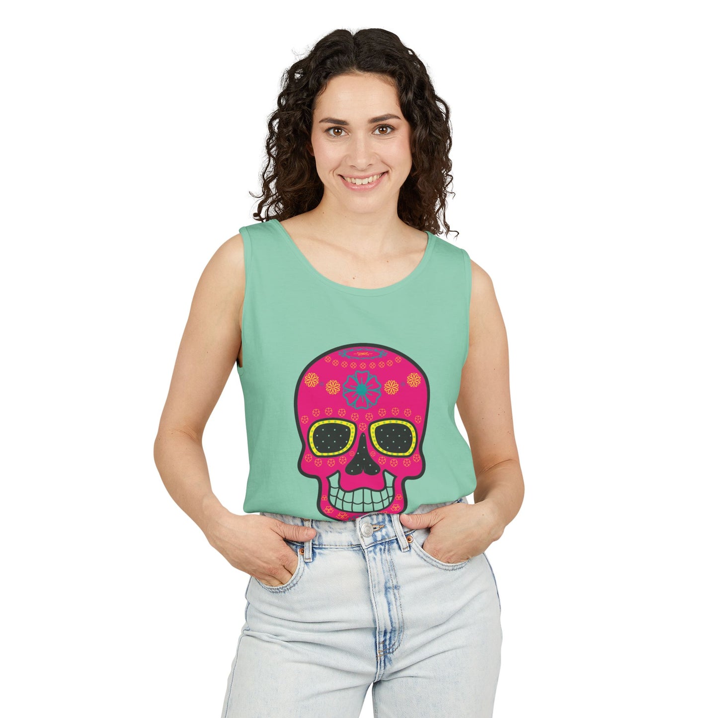 Colorful Dia de los Muertos Skull Tank Top, Unisex Summer Tee, Festival Wear